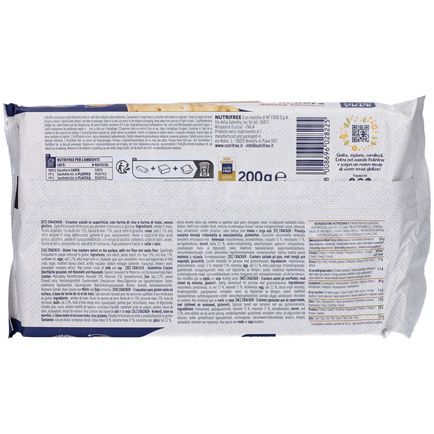 Retro della confezione di cracker. Testo con informazioni nutrizionali e lista ingredienti. Marca Nutrifree. Peso: 200g.