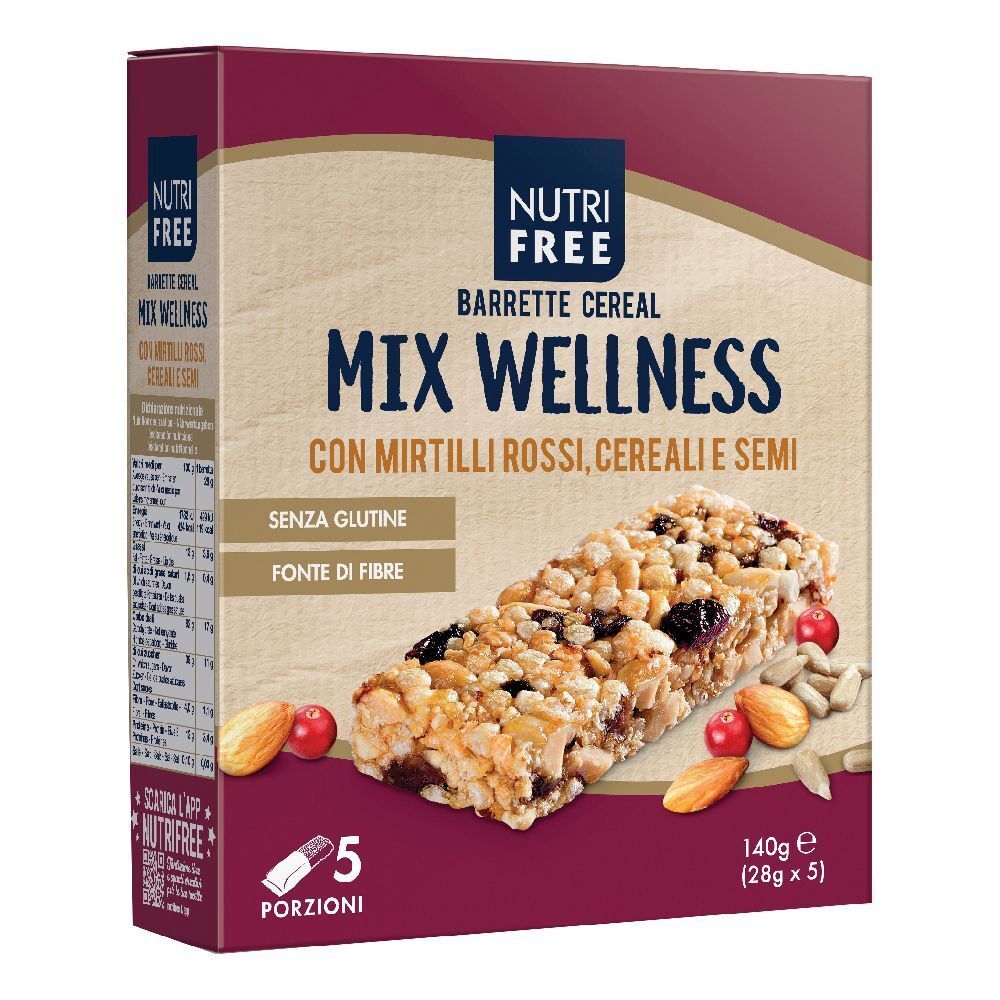 Confezione di barrette Nutrifree Mix Wellness. Contiene 5 porzioni. Scritta: Mix Wellness, senza glutine, fonte di fibre.
