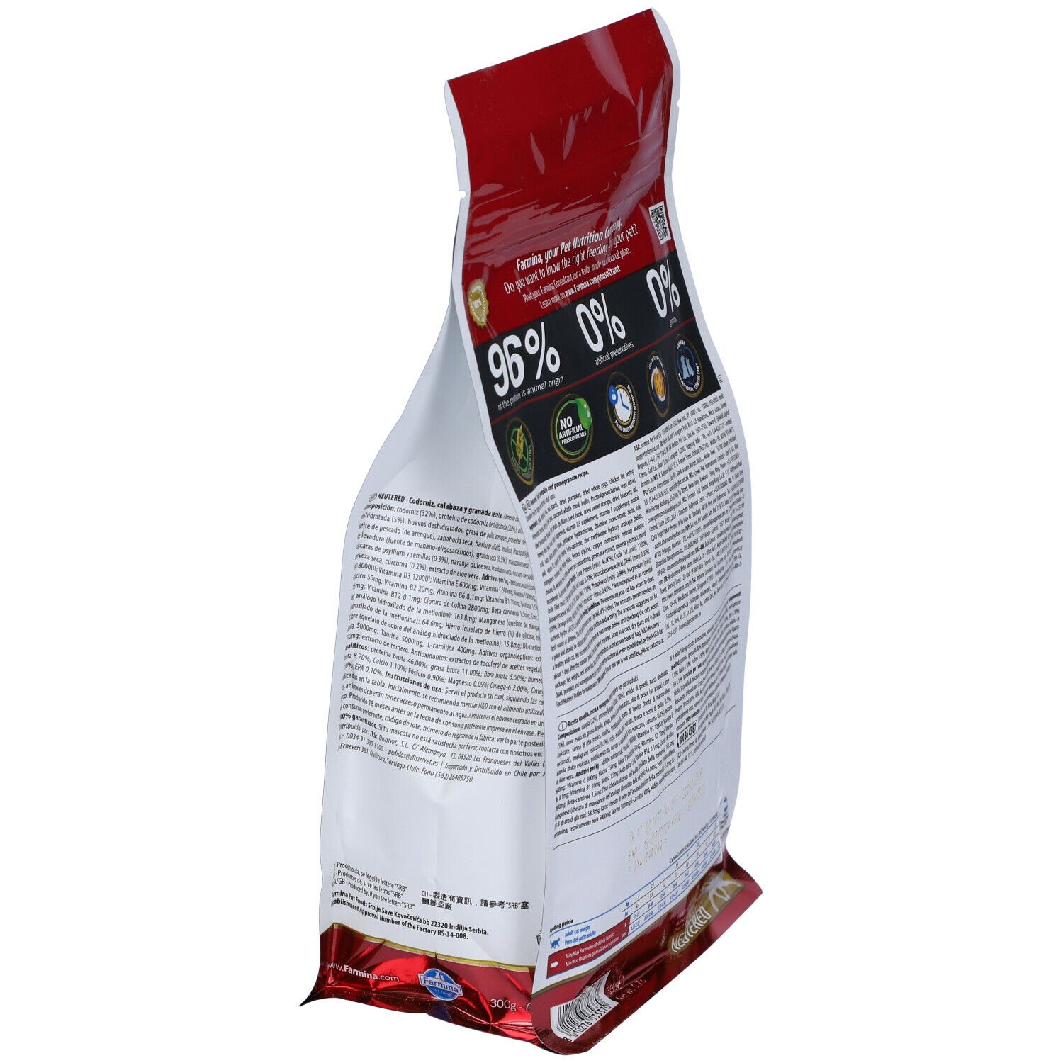 Retro del sacchetto di cibo secco. Testo con informazioni nutrizionali e ingredienti. 96% origine animale.