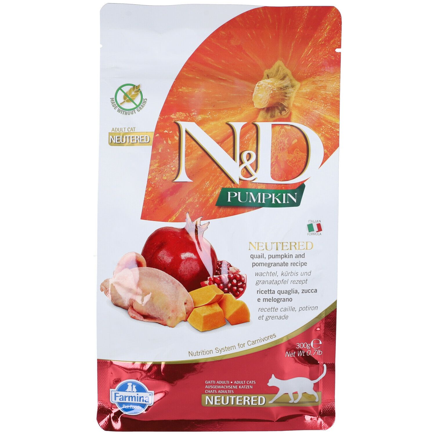 Sacchetto di cibo secco N&D Pumpkin Neutered. Contiene zucca, melograno e carne. 300g.