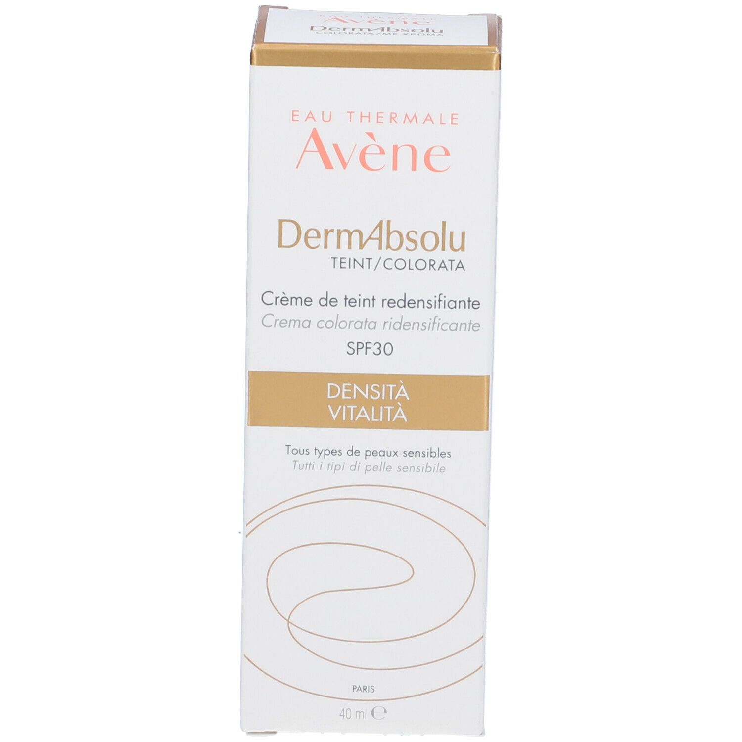 Emballage Avène DermAbsolu Crème teintée SPF 30. Boîte blanche et dorée. Texte: DermAbsolu, teinté, SPF 30. Pour peaux sensibles.