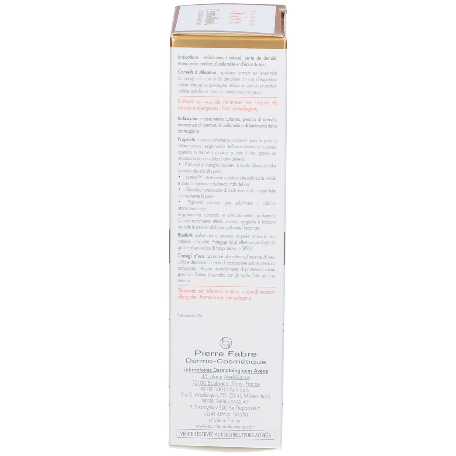 Dos de l'emballage Avène DermAbsolu Crème teintée. Texte en grec. Logo Pierre Fabre Dermo-Cosmétique.