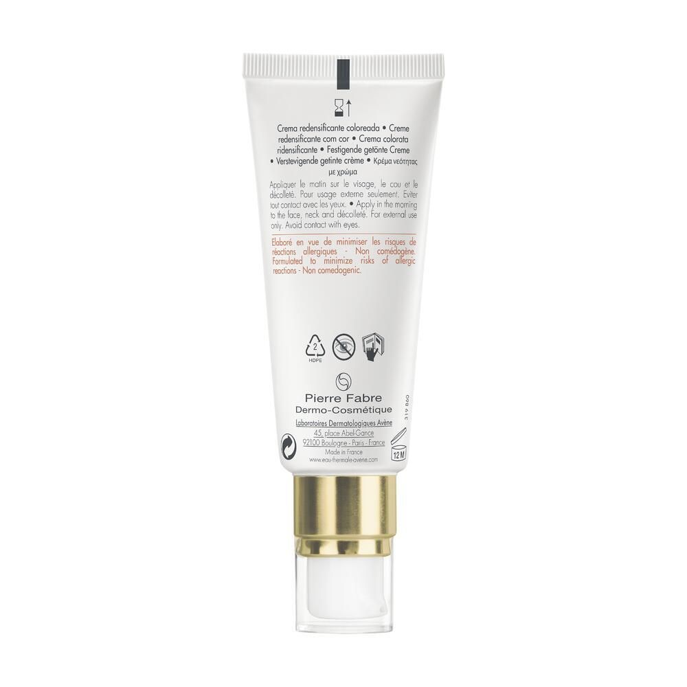 Dos du tube Avène DermAbsolu Crème teintée. Texte: crème, utilisation, ingrédients. Logo Pierre Fabre Dermo-Cosmétique.