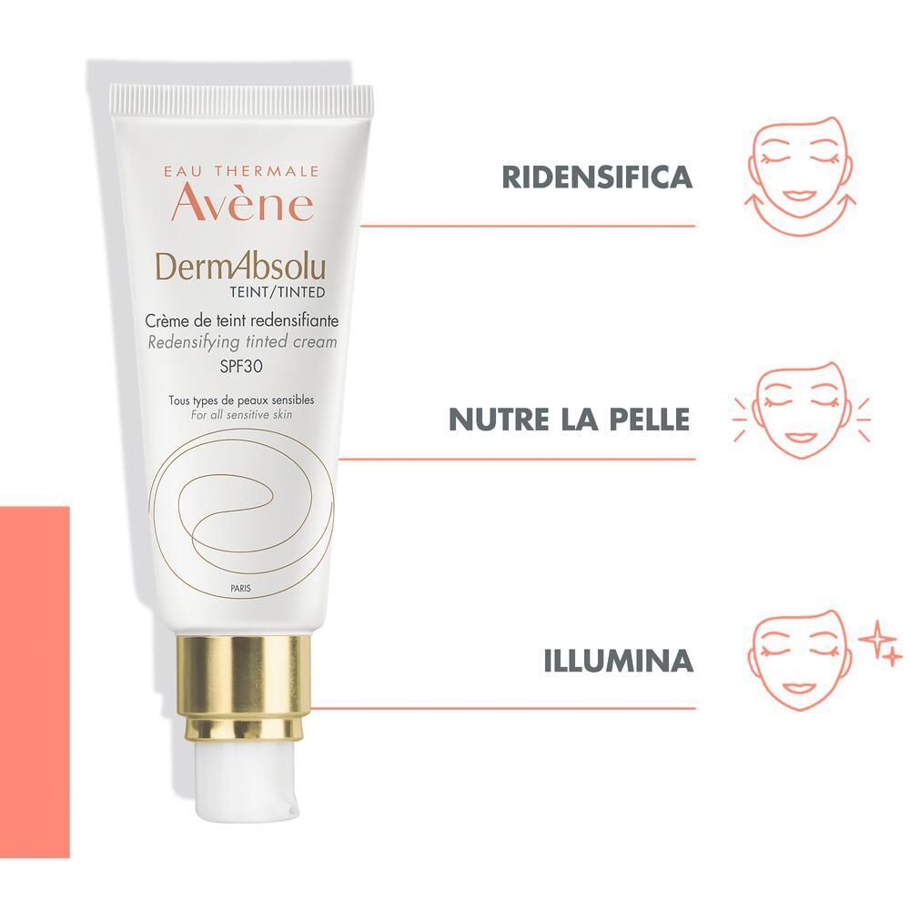 Tube Avène DermAbsolu Crème teintée. Texte: Ridensifica, Nutre la pelle, Illumina. Graphiques de visages.