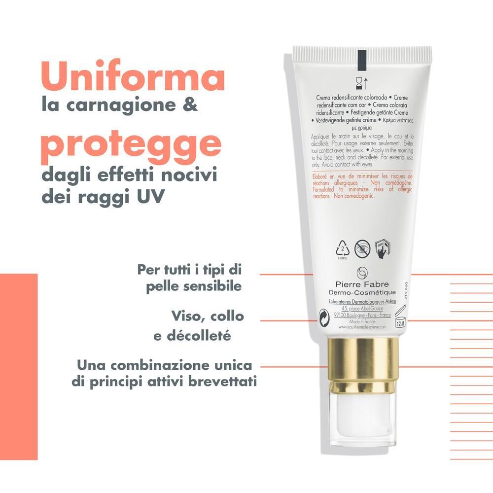 Dos du tube Avène DermAbsolu Crème teintée. Texte: Uniforma la carnagione & protège dagli effetti nocivi dei raggi UV. Pour peaux sensibles.