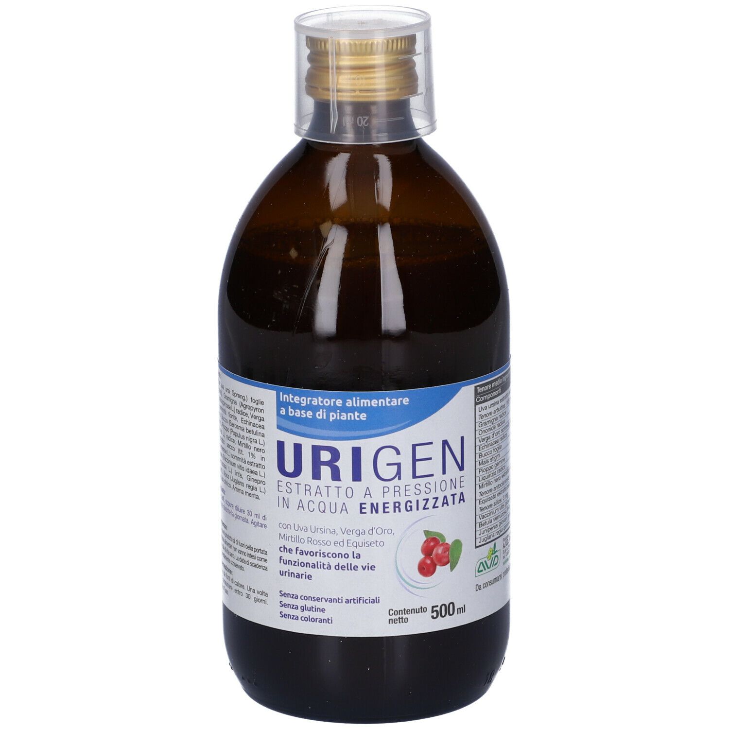 Bottiglia marrone con tappo dorato. Nome del prodotto e ingredienti sull'etichetta. 500 ml.
