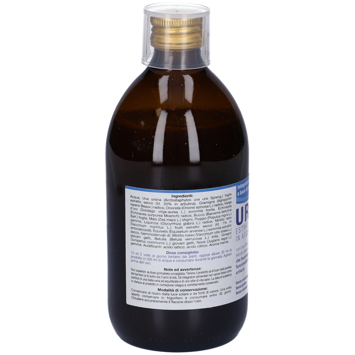 Bottiglia marrone con tappo dorato. Retro con ingredienti e informazioni. 500 ml.