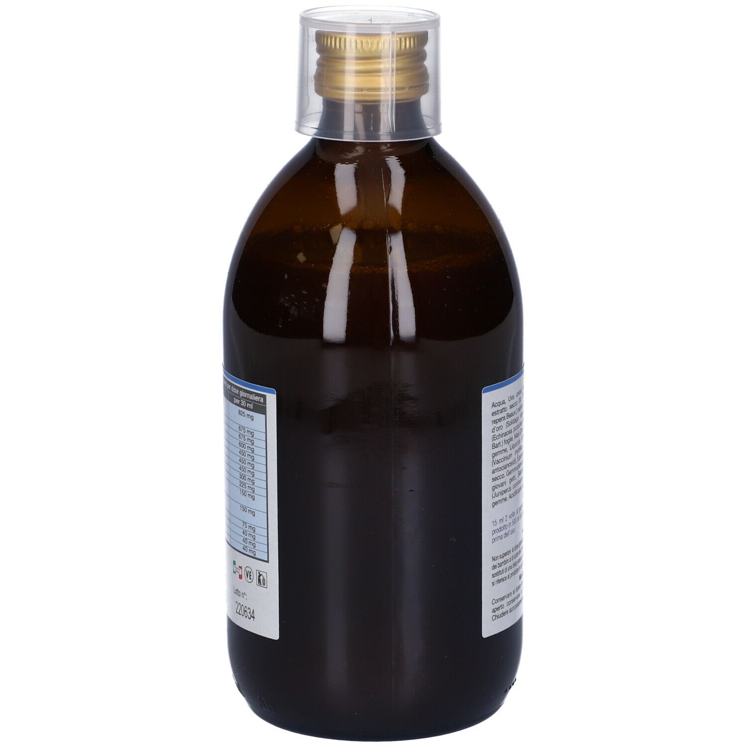 Bottiglia marrone con tappo dorato. Vista laterale con etichetta. 500 ml.