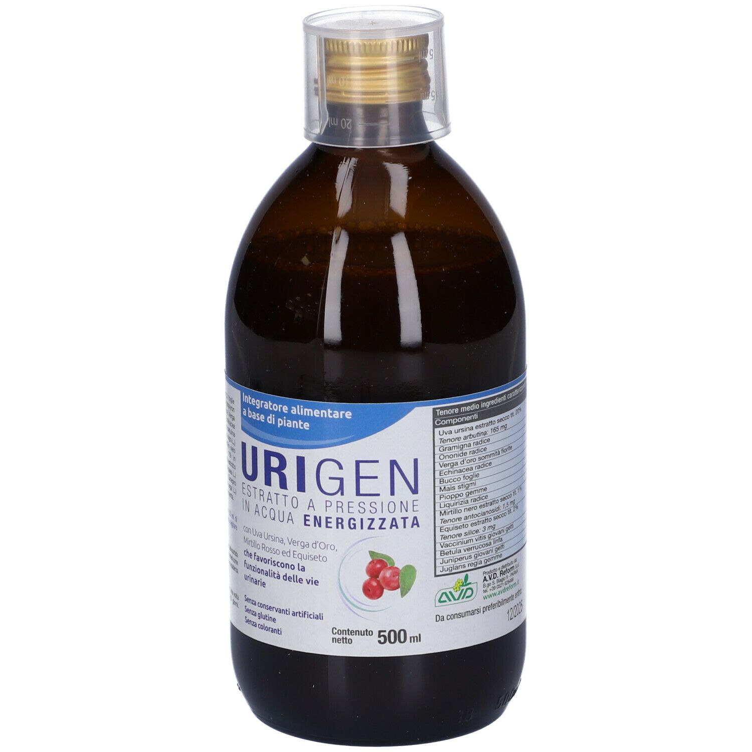 Bottiglia marrone con tappo dorato. Etichetta con ingredienti e informazioni. 500 ml.