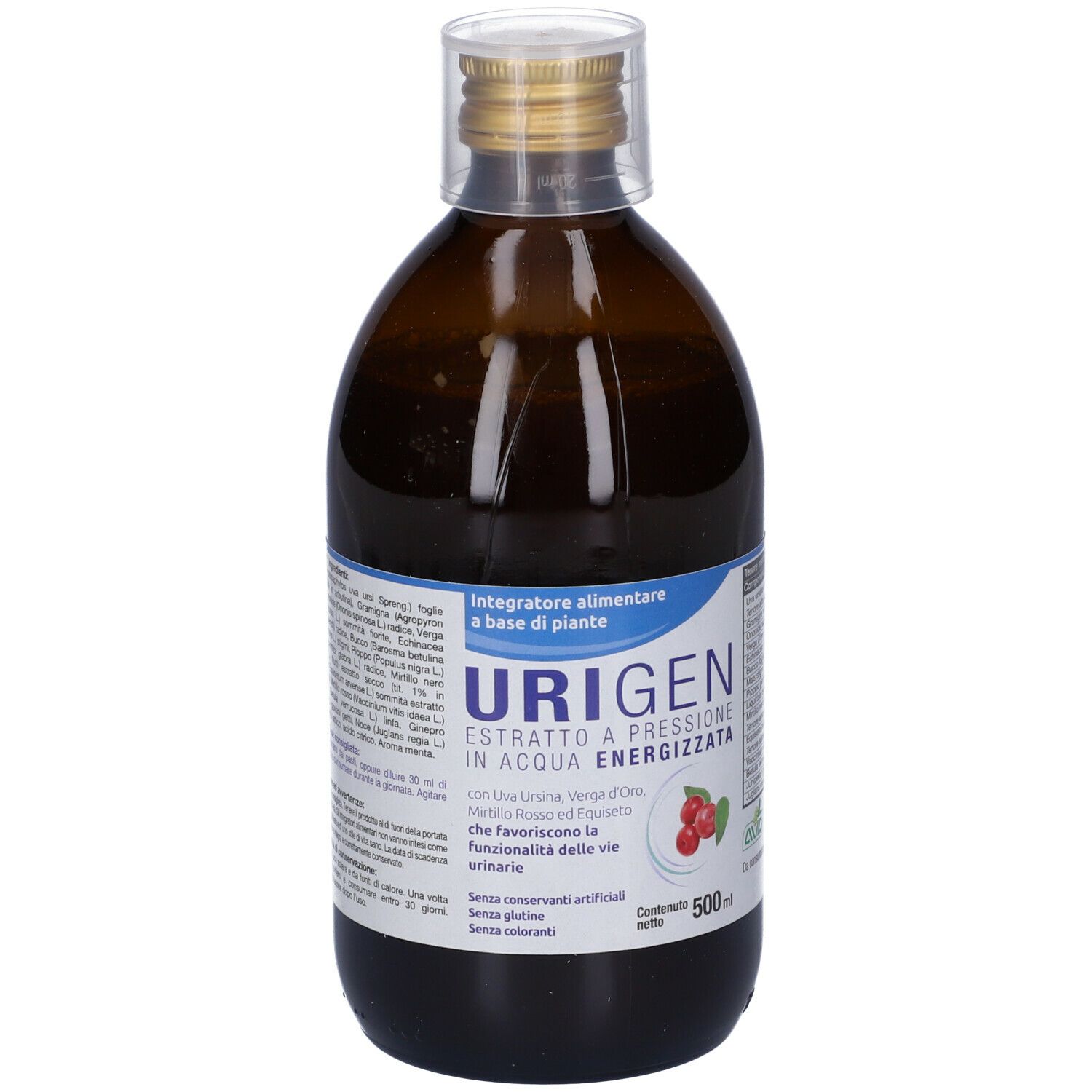Bottiglia marrone con tappo dorato. Etichetta con ingredienti e informazioni. 500 ml.