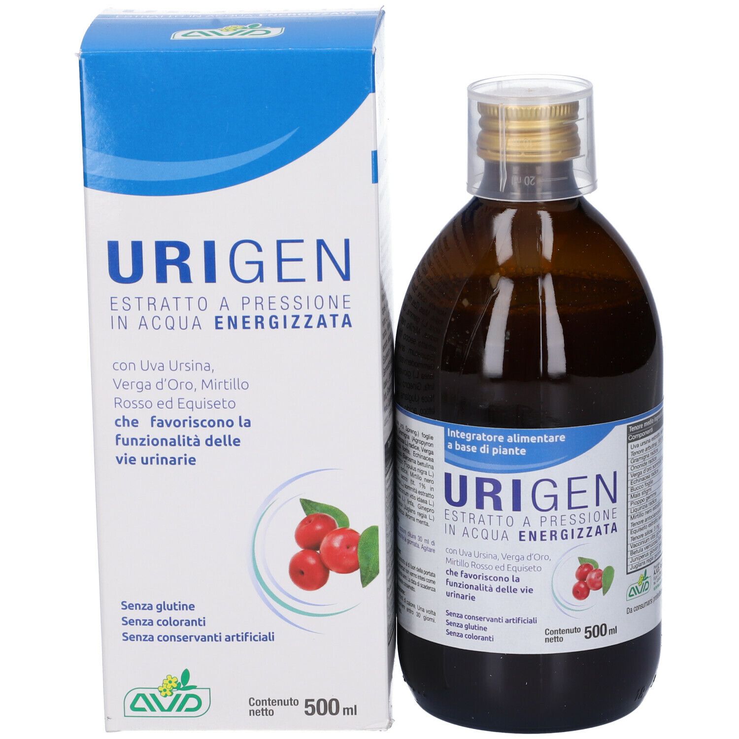Bottiglia marrone e scatola. Nome del prodotto e ingredienti sulla bottiglia e sulla scatola. 500 ml.