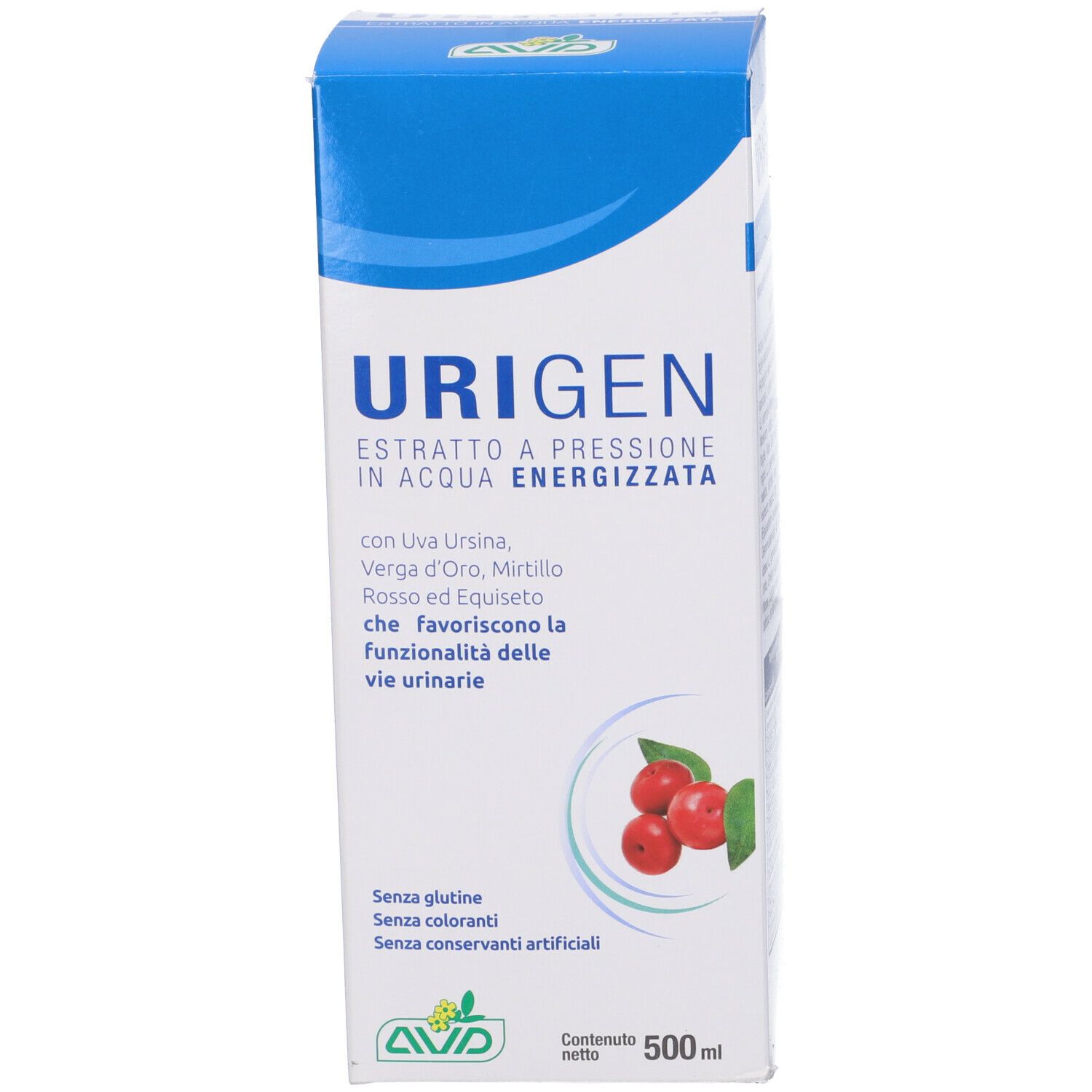 Scatola blu e bianca con nome del prodotto e ingredienti. Illustrazione di bacche rosse. 500 ml.