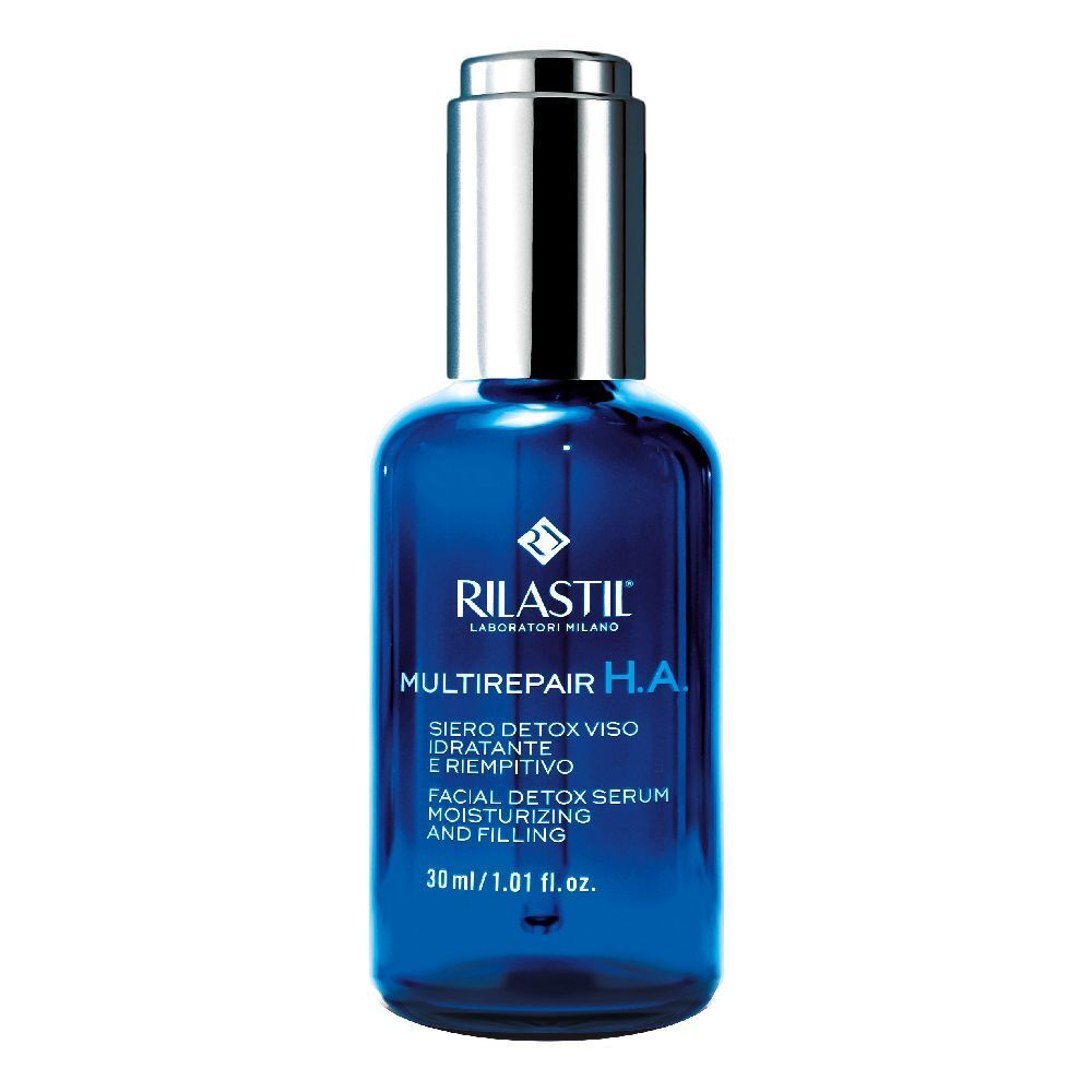 Flacone blu con tappo argentato. Scritta: Rilastil Multirepair H.A. Siero viso. 30 ml.