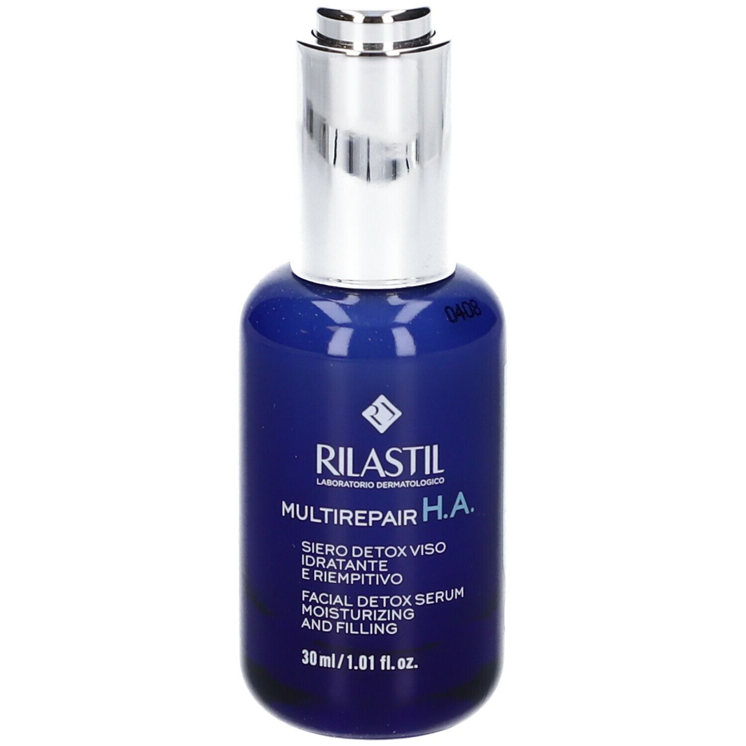 Flacone blu con tappo argentato. Scritta: Rilastil Multirepair H.A. Siero viso. 30 ml.