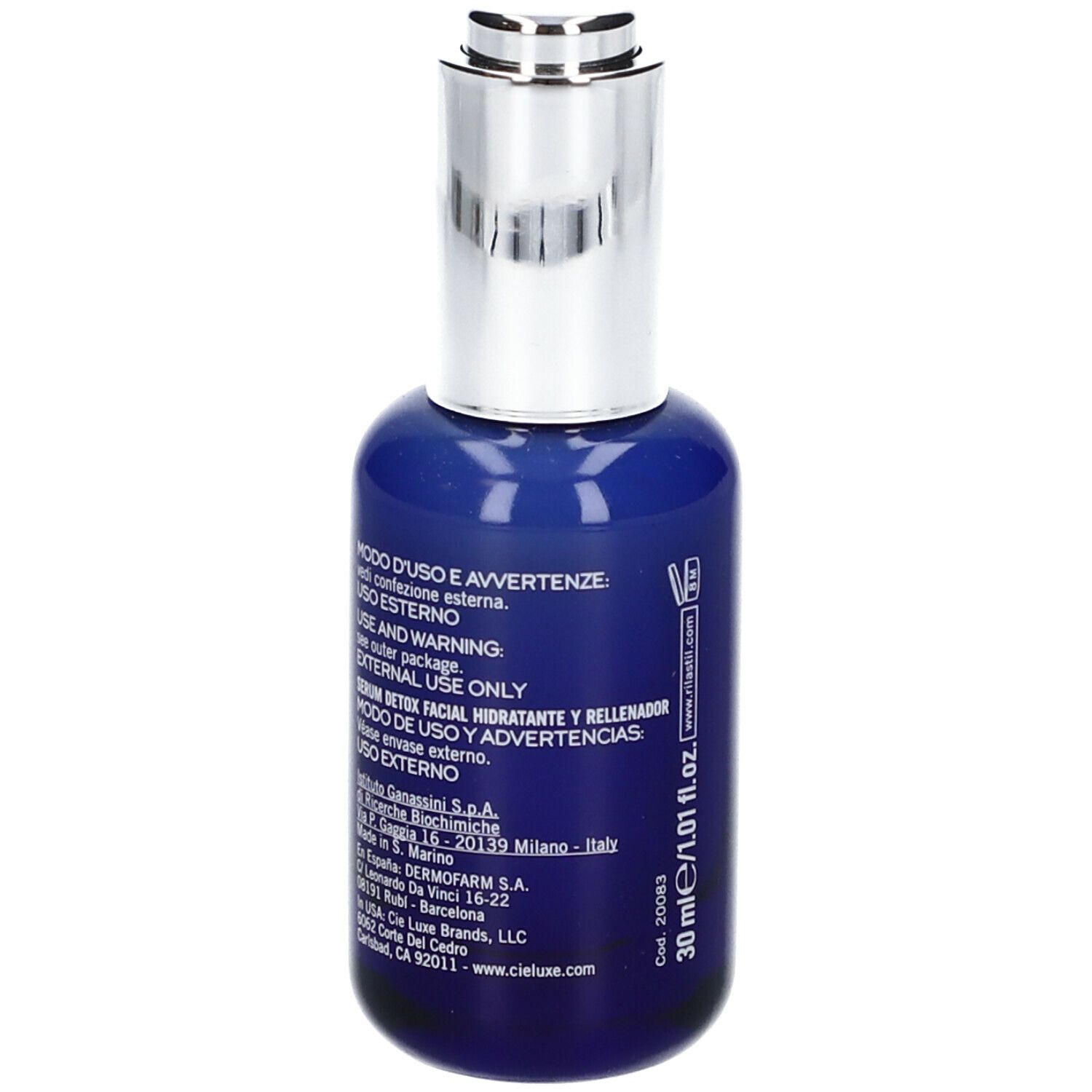 Flacone blu con tappo argentato. Scritta: Rilastil Multirepair H.A. Siero viso. 30 ml.