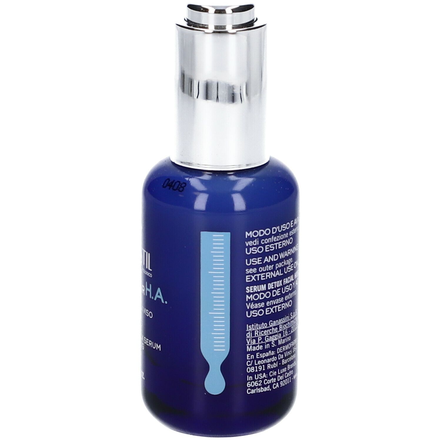 Flacone blu con tappo argentato. Scritta: Rilastil Multirepair H.A. Siero viso. 30 ml.