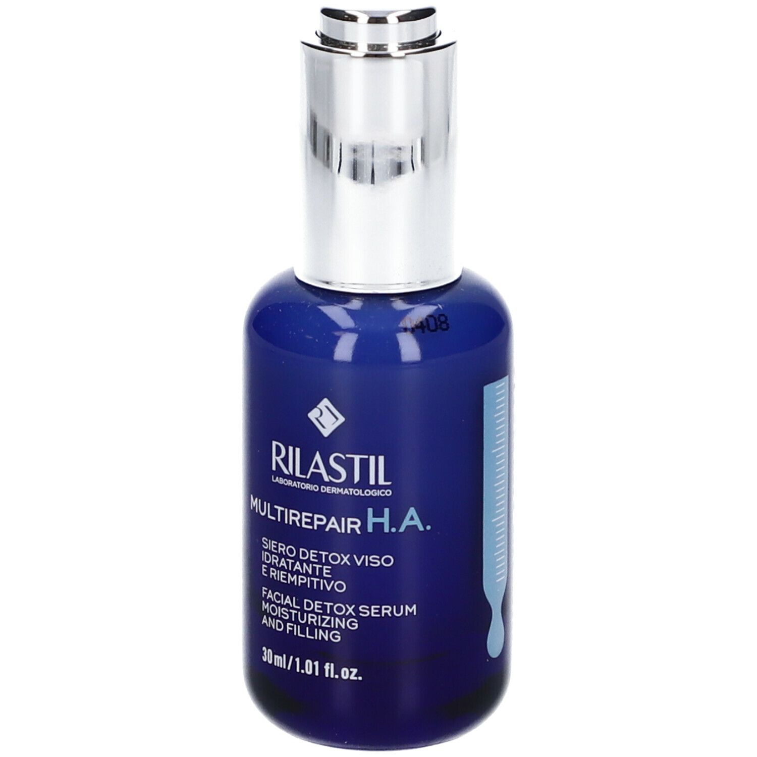 Flacone blu con tappo argentato. Scritta: Rilastil Multirepair H.A. Siero viso. 30 ml.