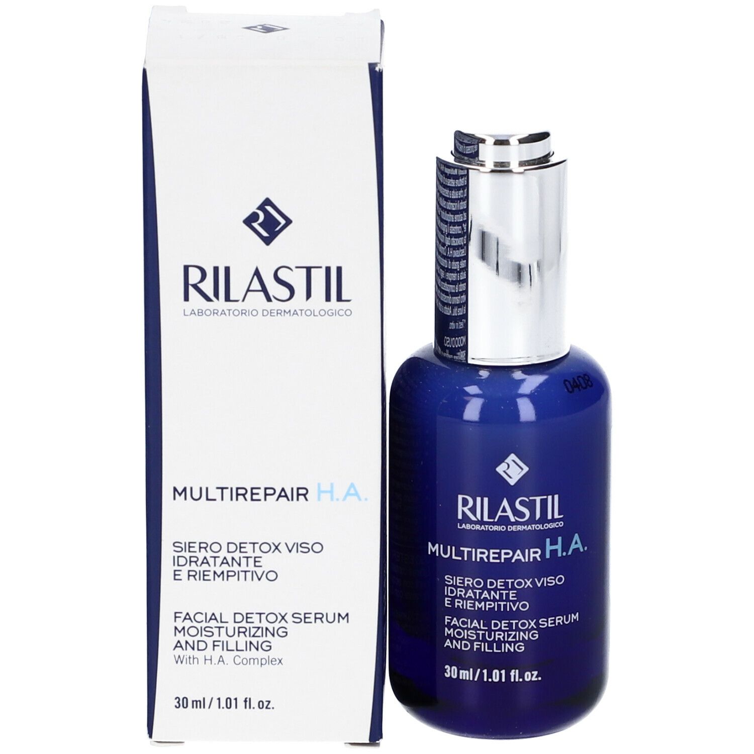 Flacone e confezione. Scritta: Rilastil Multirepair H.A. Siero viso. 30 ml.