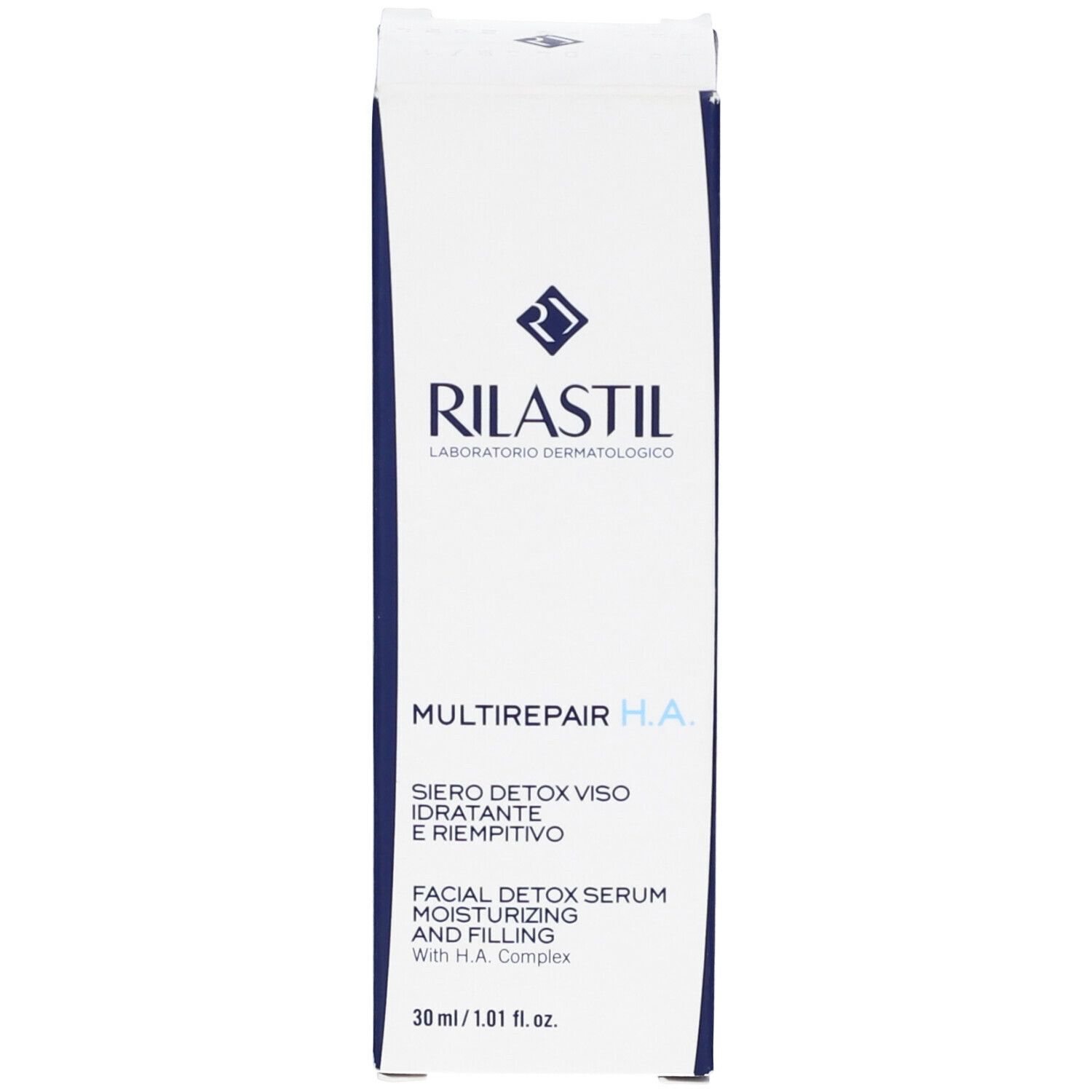 Confezione del prodotto. Scritta: Rilastil Multirepair H.A. Siero viso. 30 ml.