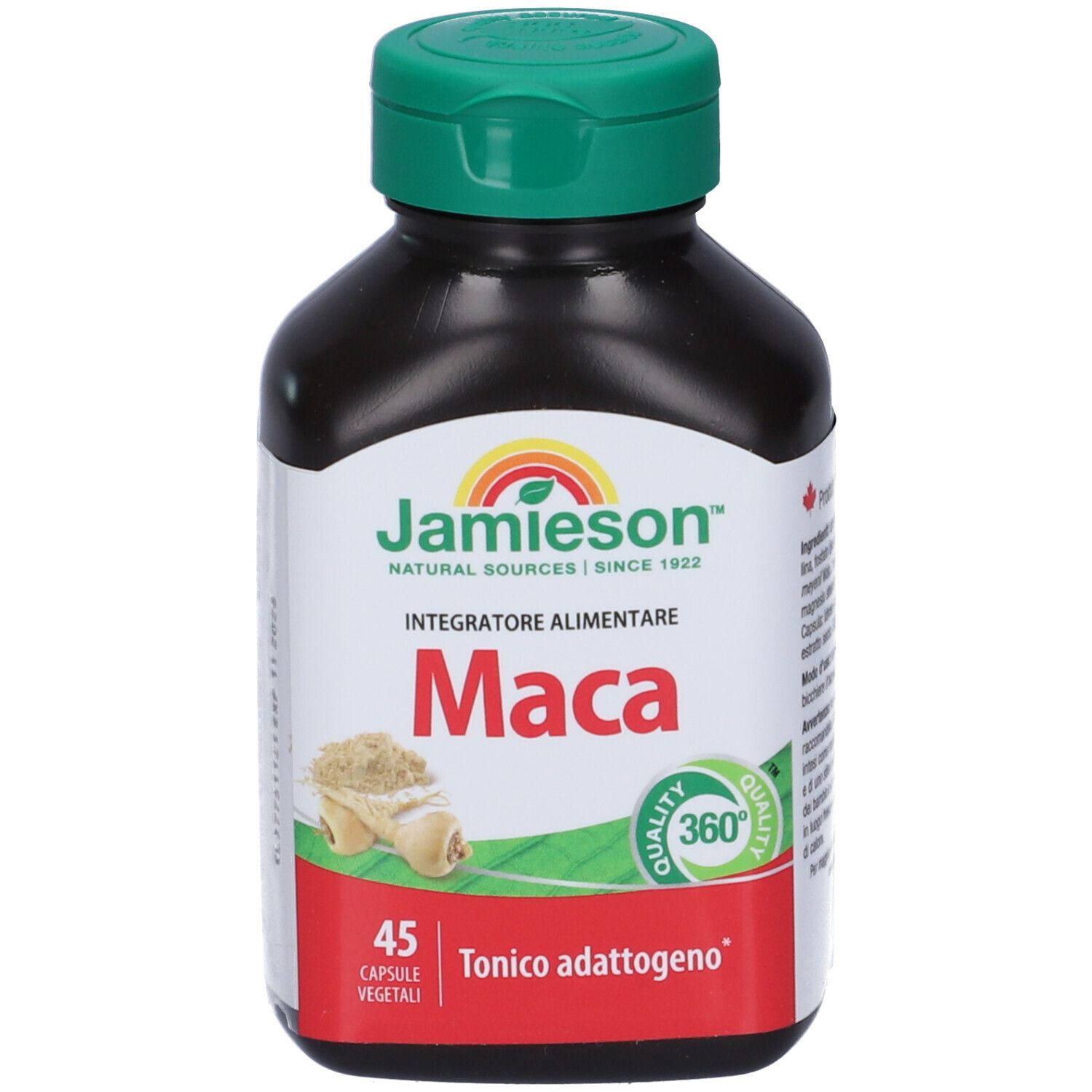 Flacone nero con tappo verde. Etichetta con 'Jamieson' e 'Maca'. 45 capsule. Immagine di radice di maca.