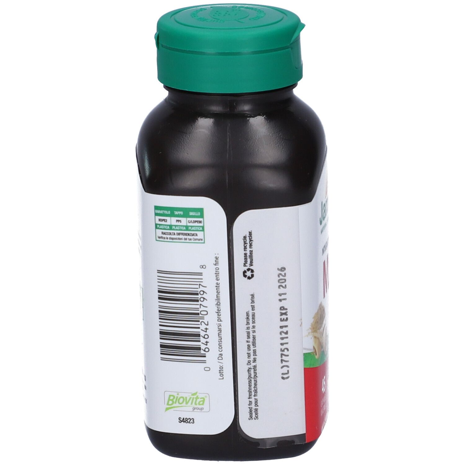 Retro del flacone. Codice a barre, informazioni sugli ingredienti e data di scadenza. Logo 'Biovita'.
