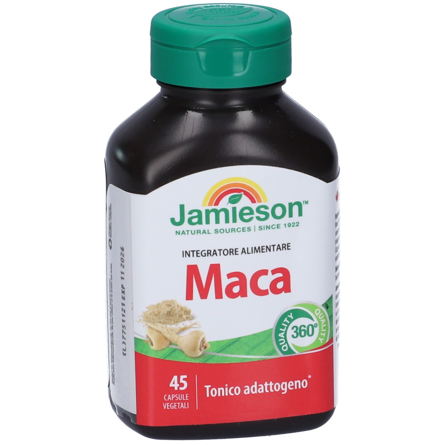 Flacone nero con tappo verde. Etichetta con 'Jamieson' e 'Maca'. 45 capsule. Immagine di radice di maca.