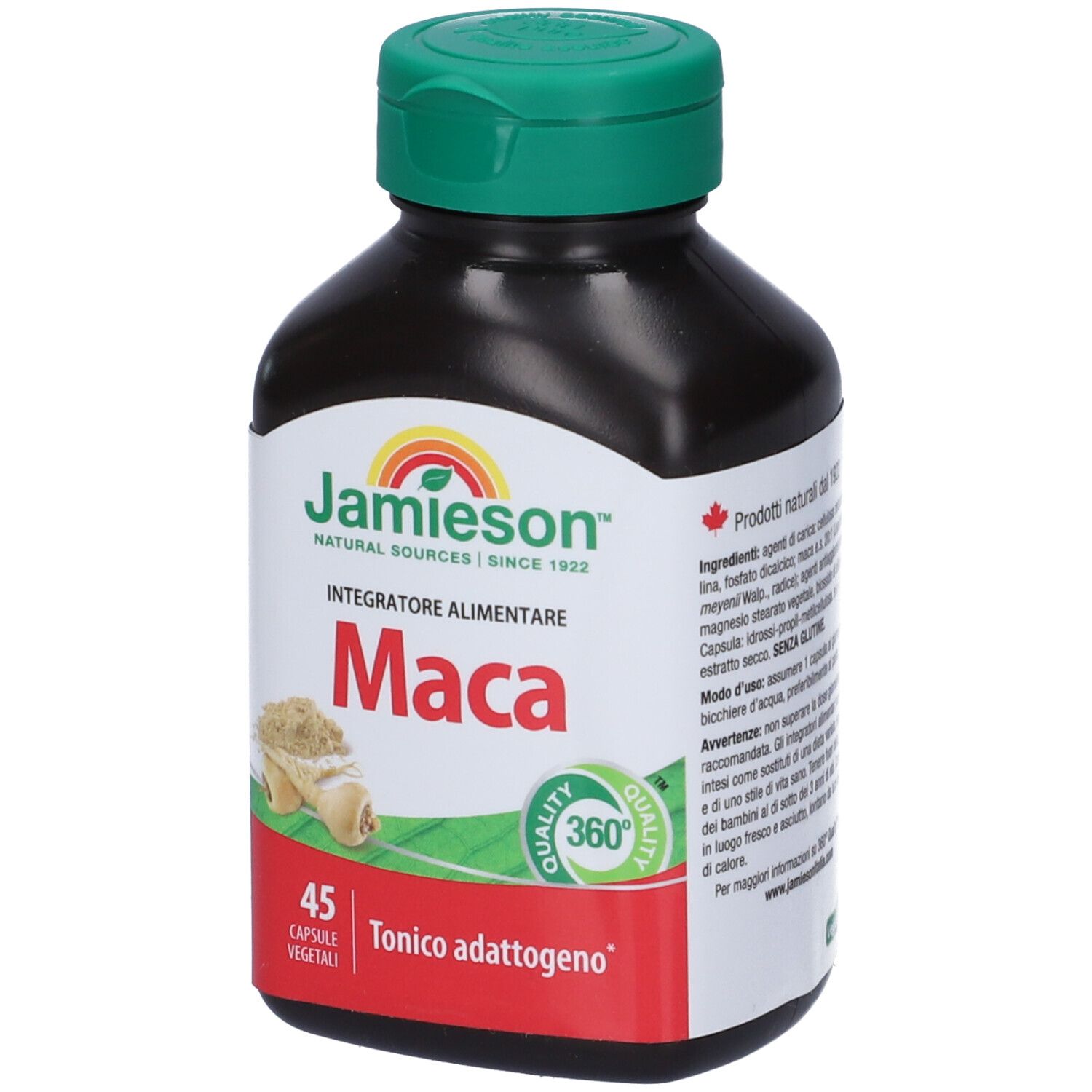 Flacone nero con tappo verde. Etichetta con 'Jamieson' e 'Maca'. 45 capsule. Immagine di radice di maca.