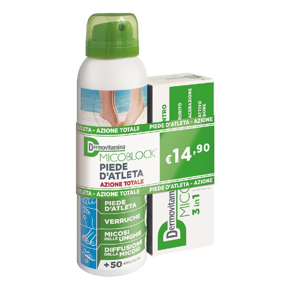 Spray e scatola. Flacone spray bianco con erogatore verde. Scatola verde-bianca con informazioni e prezzo del prodotto.