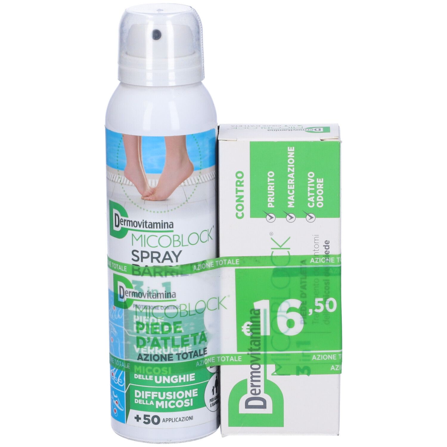 Spray e scatola. Flacone spray bianco con erogatore. Scatola verde-bianca con informazioni e prezzo.