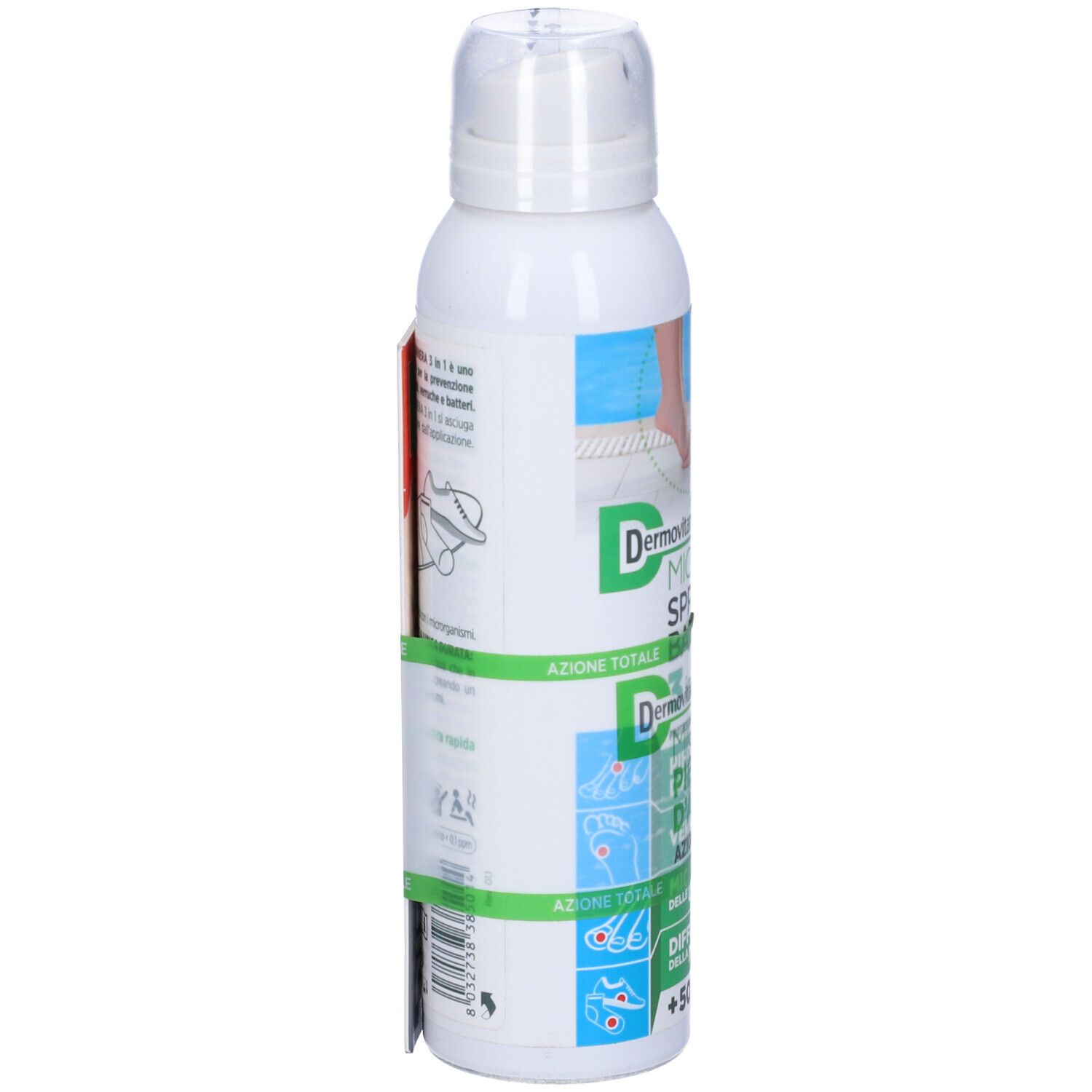 Flacone spray bianco con erogatore. Informazioni sul prodotto sull'etichetta. Design verde e bianco.