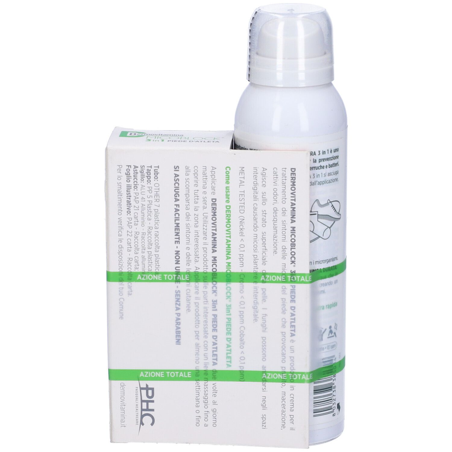 Scatola e flacone spray. Scatola con informazioni sul prodotto. Flacone spray bianco con erogatore.