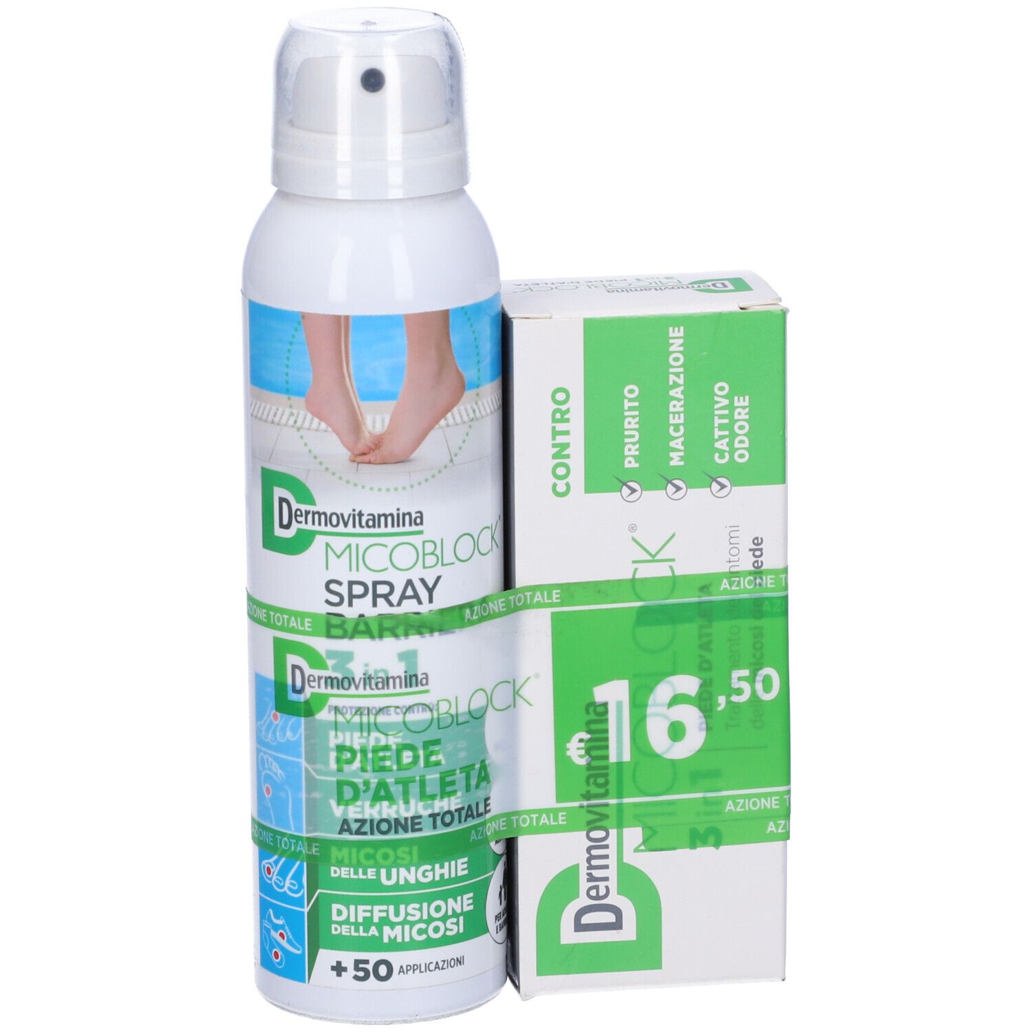 Spray e scatola. Flacone spray bianco con erogatore. Scatola verde-bianca con informazioni e prezzo.