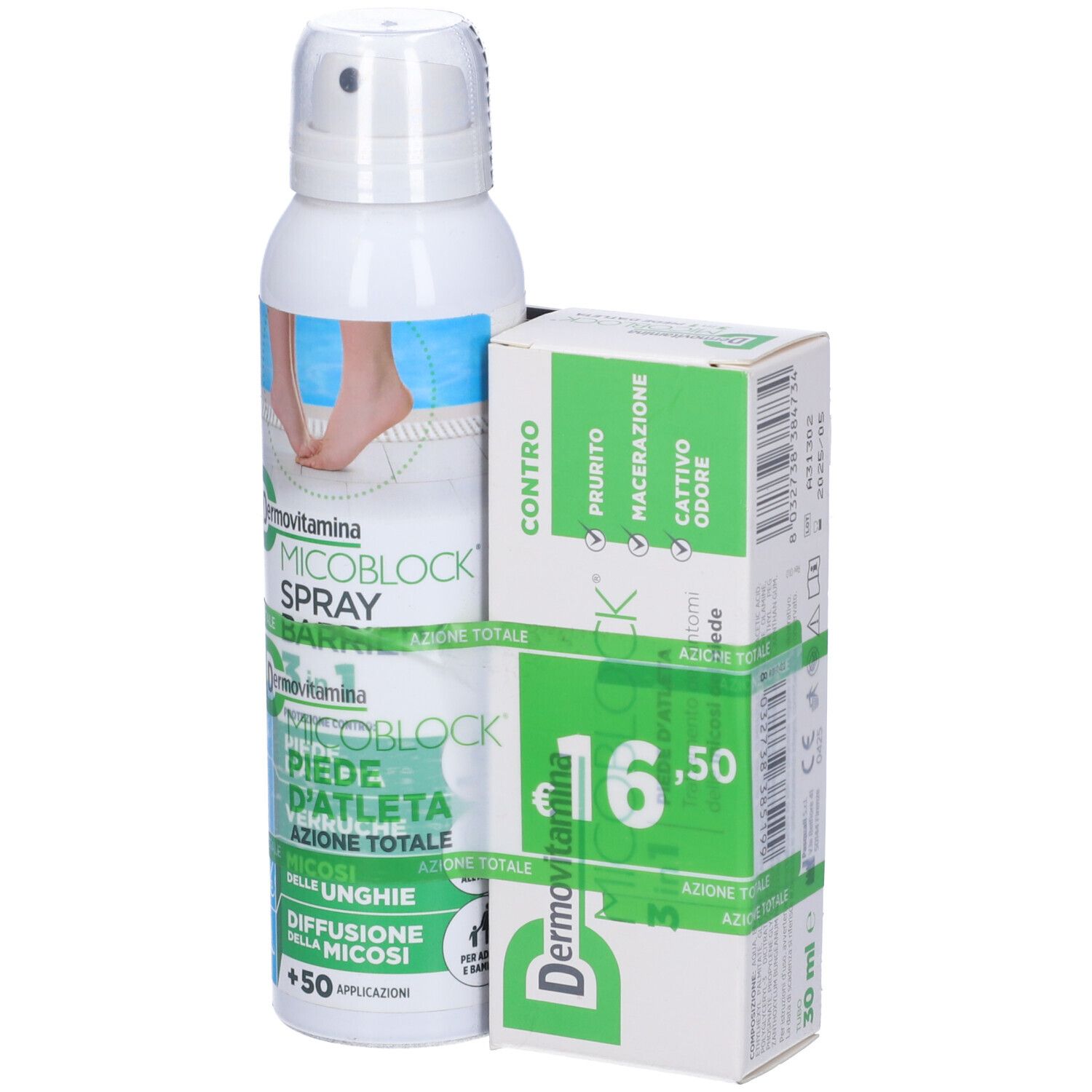 Spray e scatola. Flacone spray bianco con erogatore. Scatola verde-bianca con informazioni e prezzo.