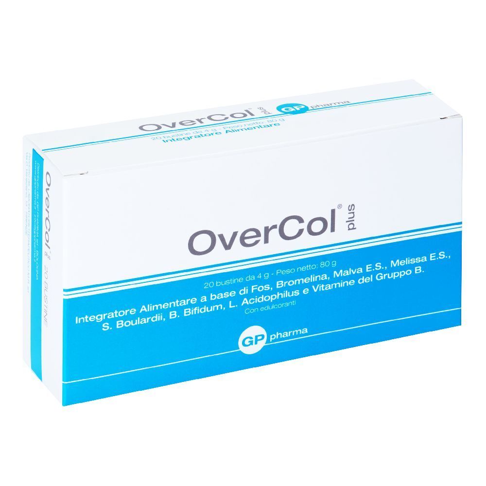 Scatola bianca con banda blu. Scritta OverCol plus. Contiene 20 bustine. Produttore GP pharma.