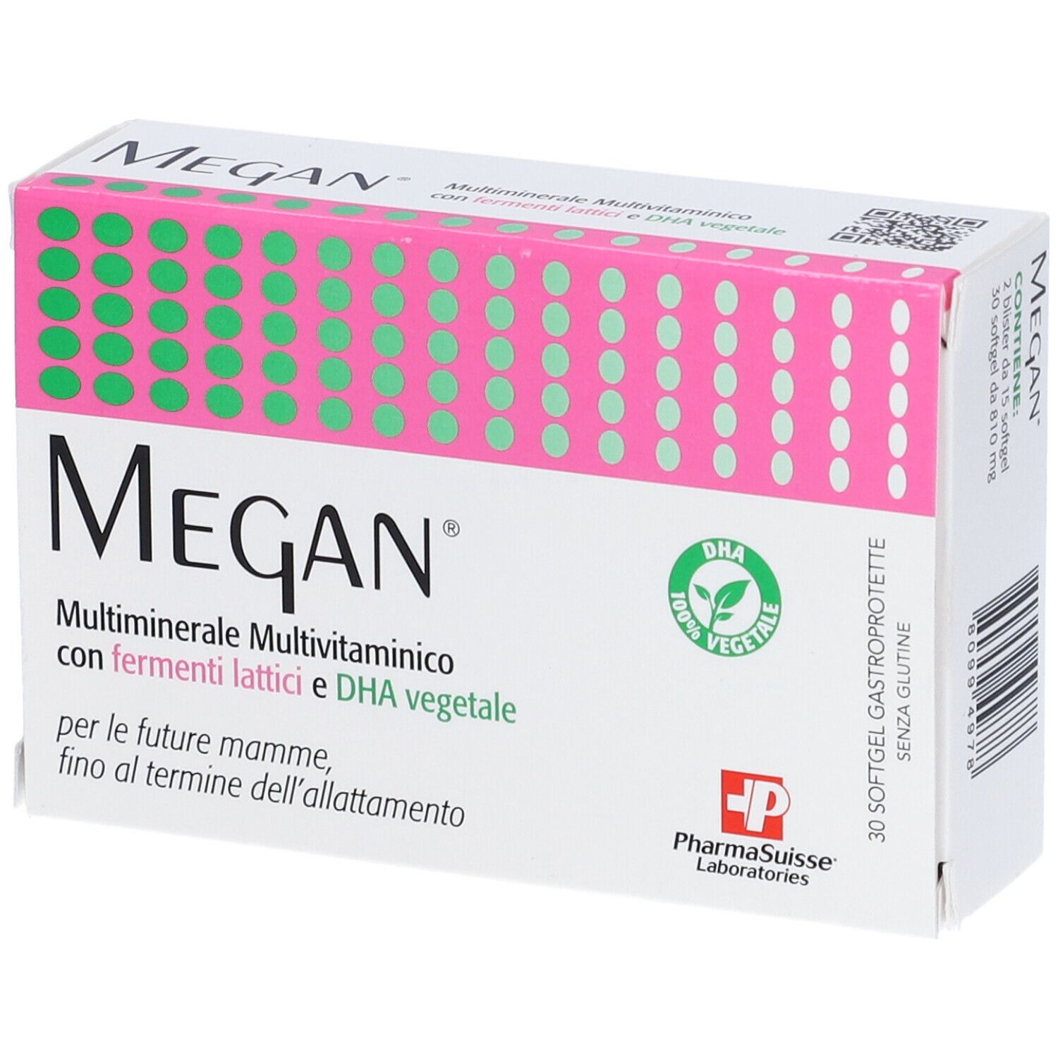Scatola 'Megan'. Design rosa e verde. Testo: Multiminerale, Multivitaminico, con Fermenti Lattici e DHA vegetale. Logo vegetale.