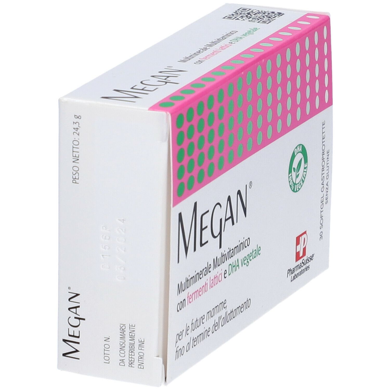 Scatola 'Megan' angolata. Design rosa e verde. Testo: Multiminerale, Multivitaminico, con Fermenti Lattici e DHA vegetale.