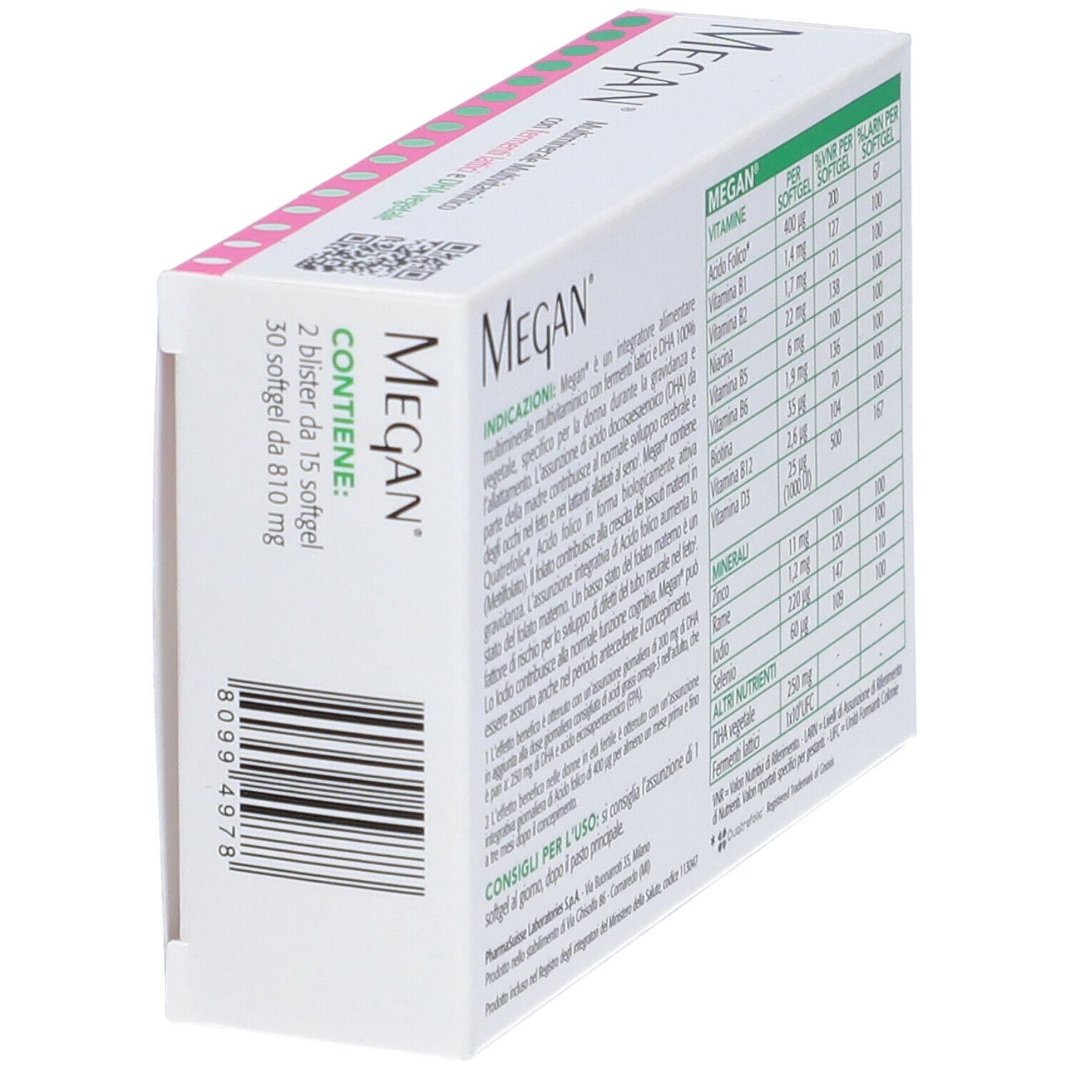 Scatola 'Megan' con lato aperto. Contiene 2 blister da 15 softgel. Testo: Contiene Megan.