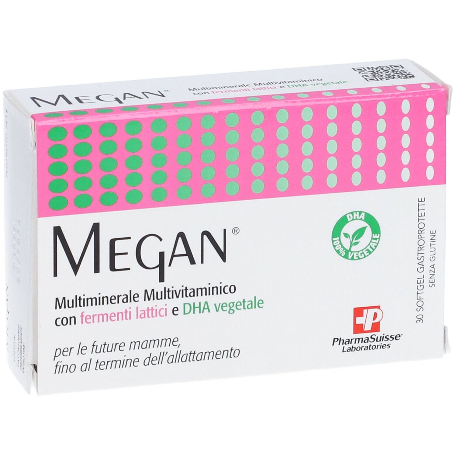 Vista frontale della scatola 'Megan'. Design rosa e verde. Testo: Multiminerale, Multivitaminico, con Fermenti Lattici e DHA vegetale.