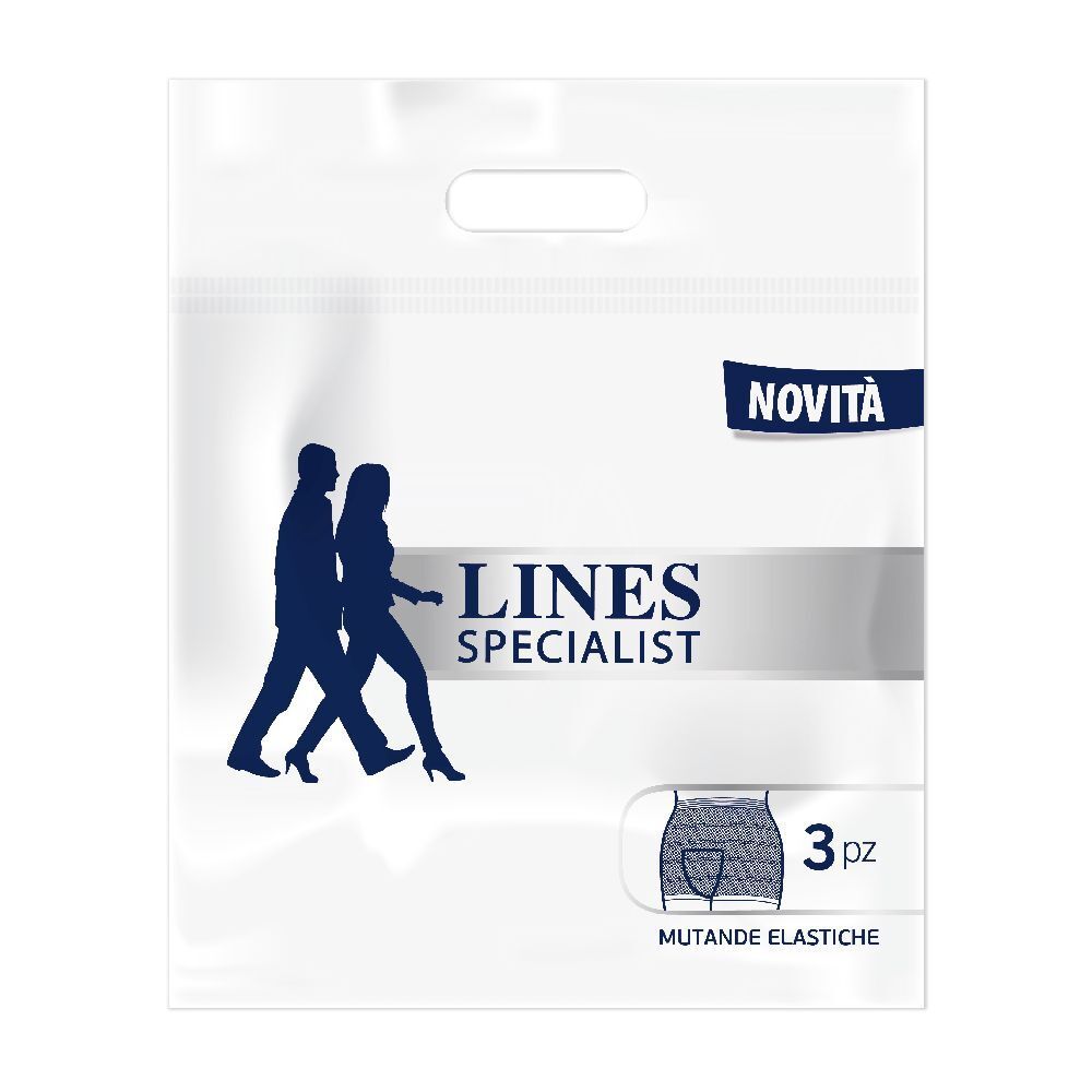 Confezione LINES SPECIALIST Mutandina Elastica Extralarge. 3 pezzi. Illustrazione di coppia. Scritta « NOVITÀ ».