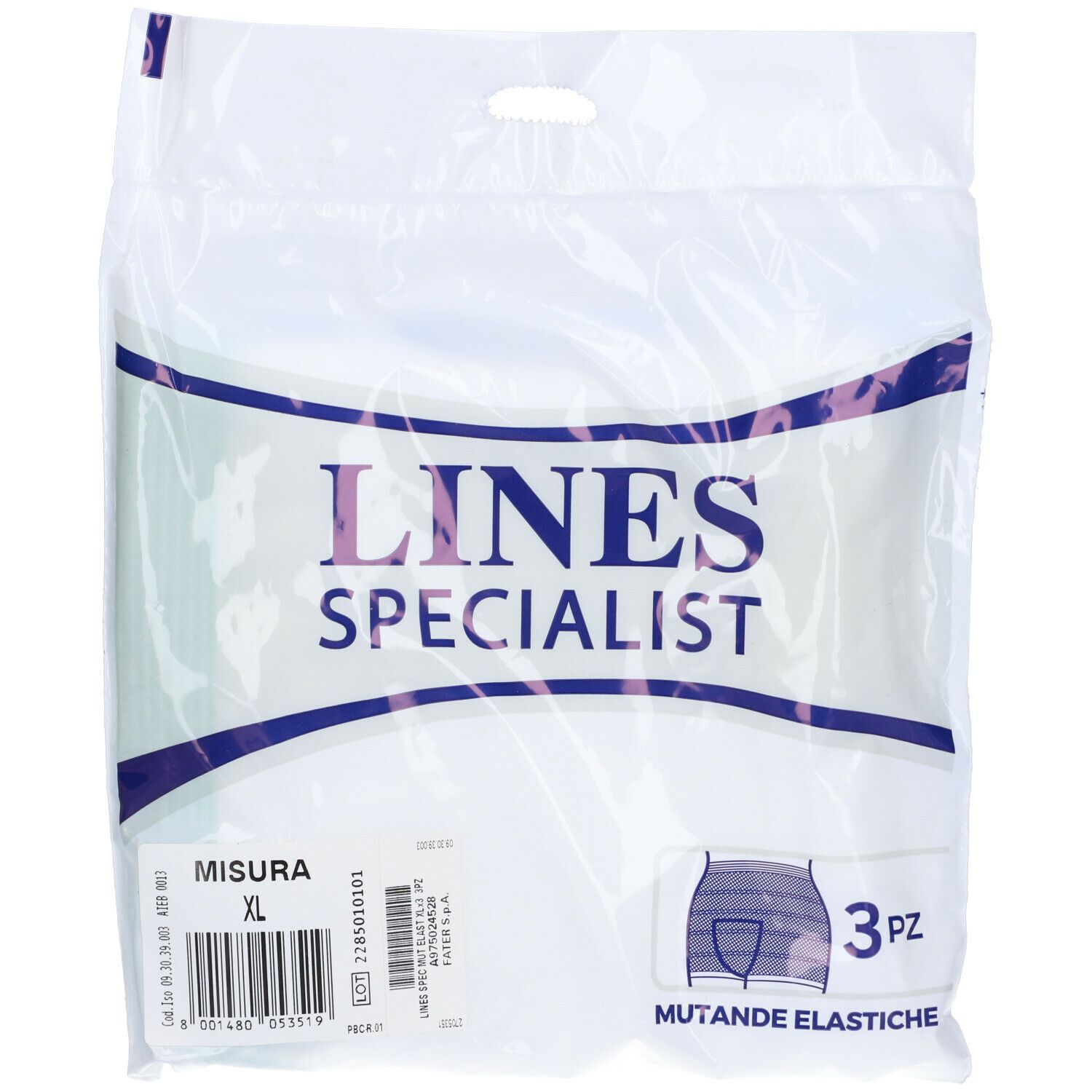 Confezione LINES SPECIALIST Mutandina Elastica Extralarge. Taglia XL. 3 pezzi. Illustrazione prodotto. Codice a barre.