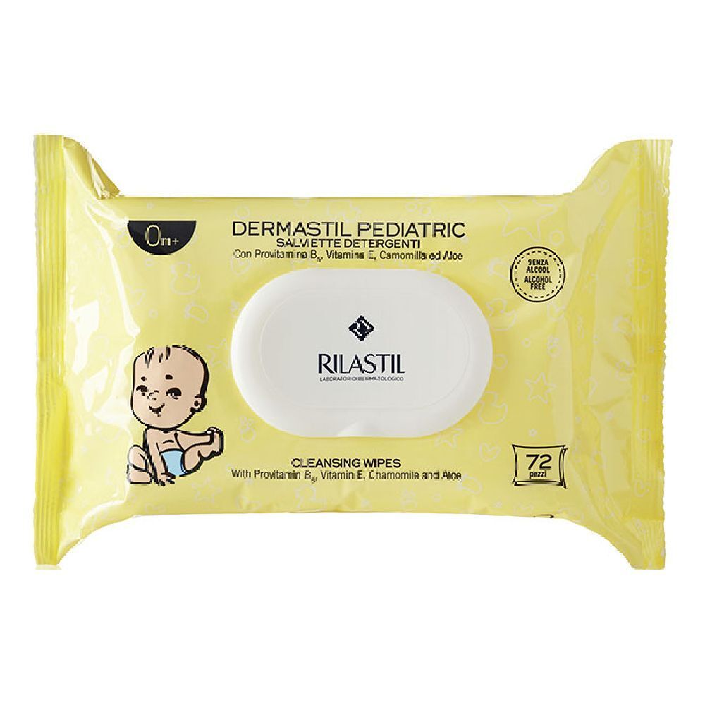 Confezione gialla di salviette Dermastil Pediatric. Scritta: 72 salviette. Logo e illustrazione bambino.