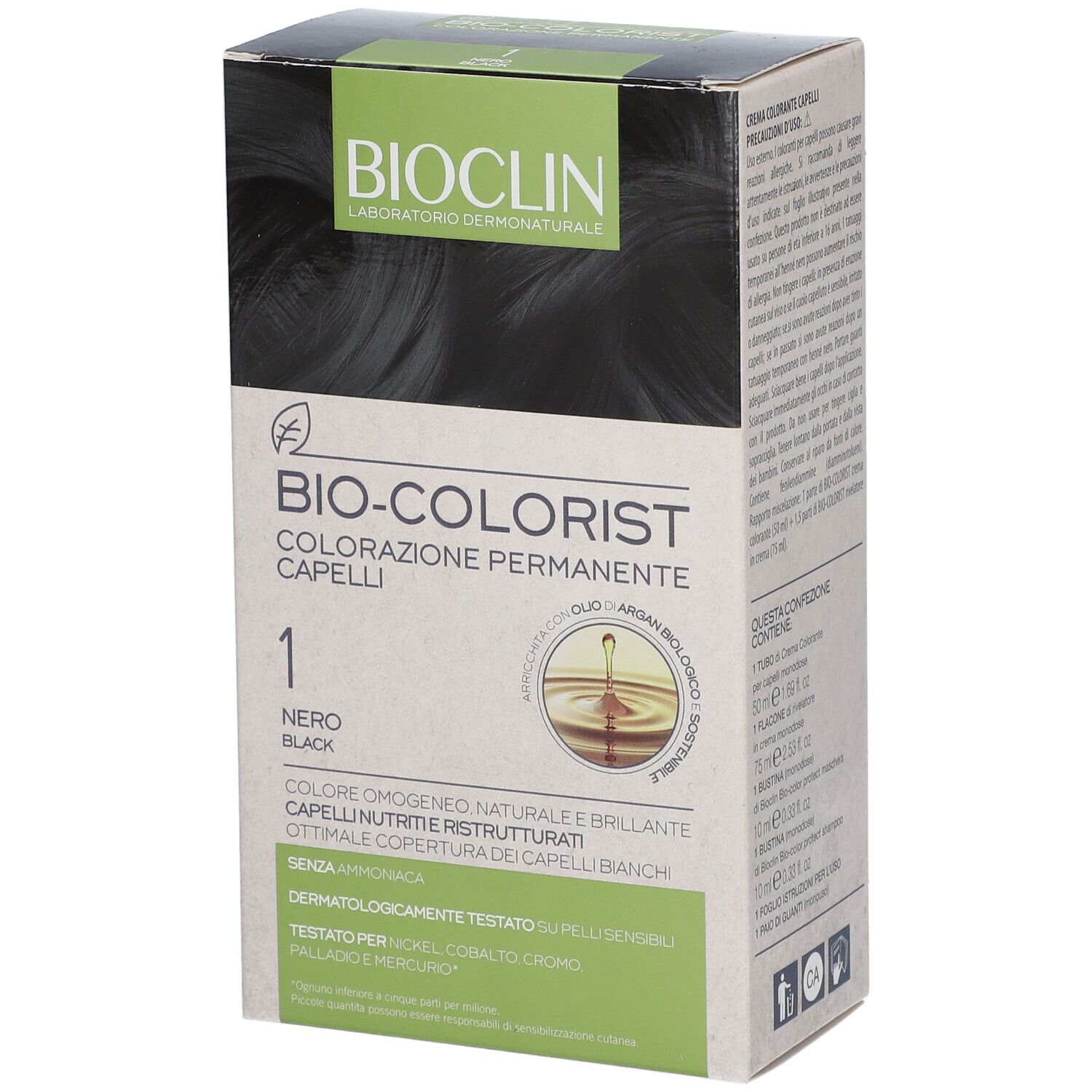 Bioclin Bio-Colorist permanente Haarfarbe, Schwarz, Nr. 1. Kartonverpackung mit Informationen.