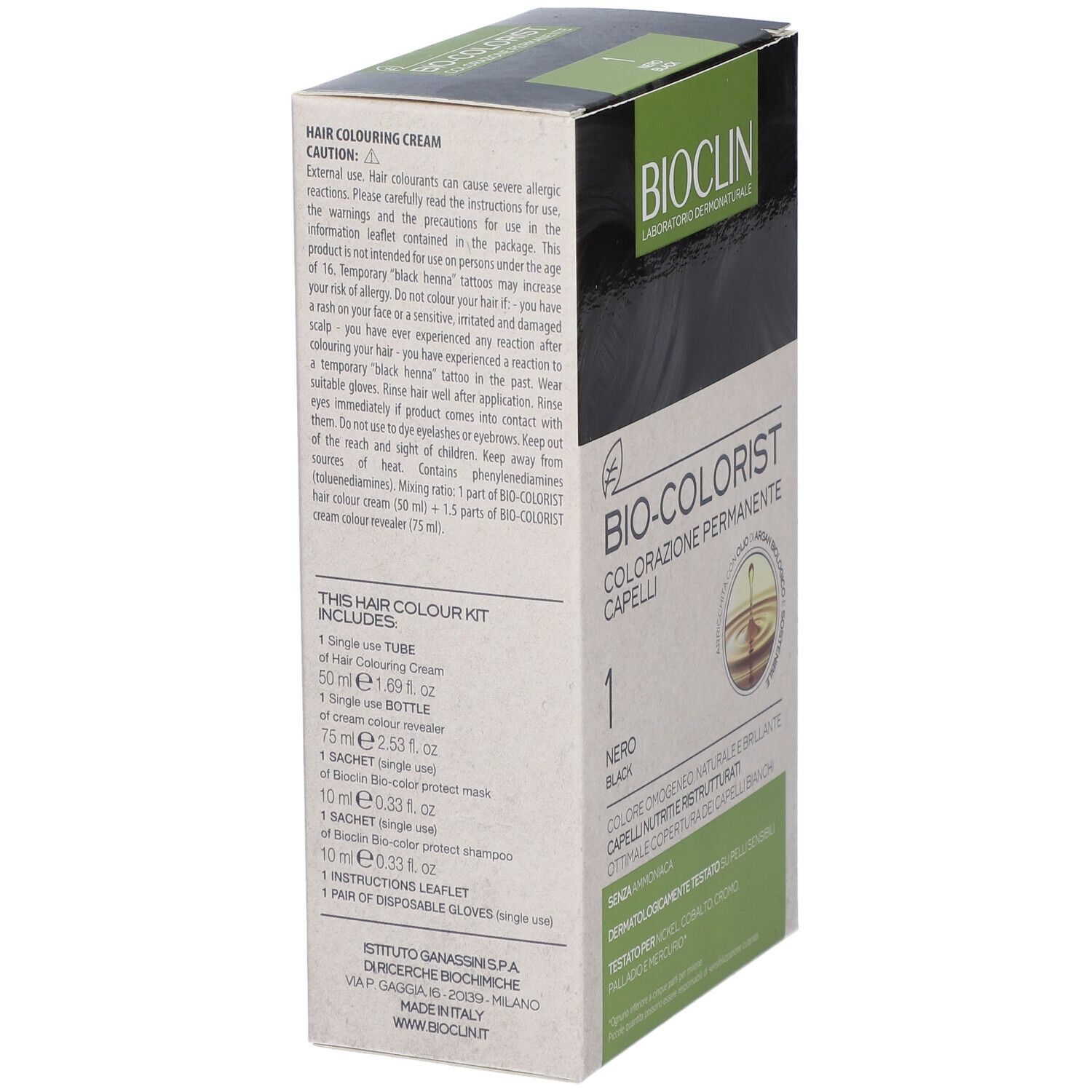 Verpackung für Haarfärbemittel, "BIO-COLORIST" von BIOCLIN, Farbton Nero/Schwarz.