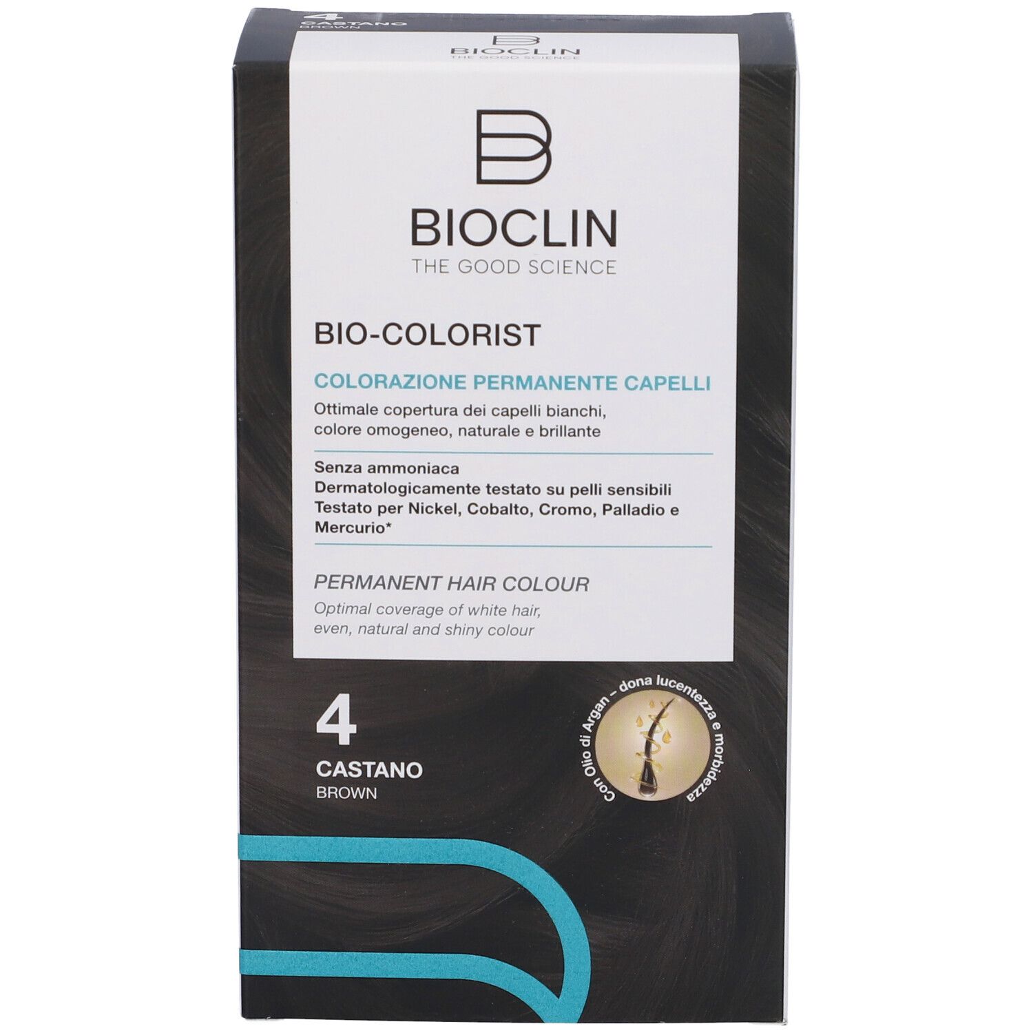 Bioclin Bio-Colorist permanente Haarfarbe, Farbton 4 Kastanie Braun. Ammoniakfrei, dermatologisch getestet.