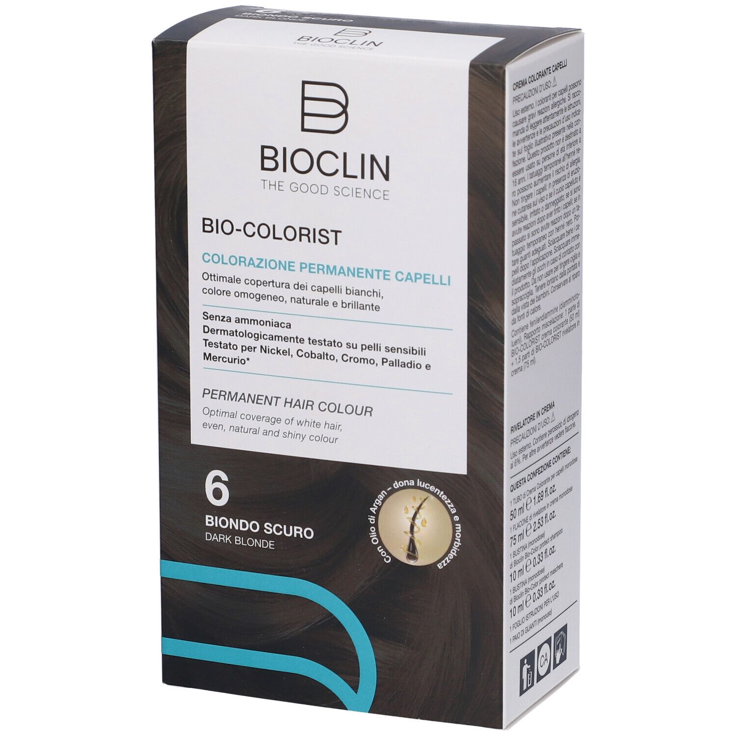 BIOCLIN Bio-Colorist 6 Biondo Scuro. Confezione in cartone. Informazioni sul prodotto e marchio BIOCLIN. Tonalità marroni e bianche.