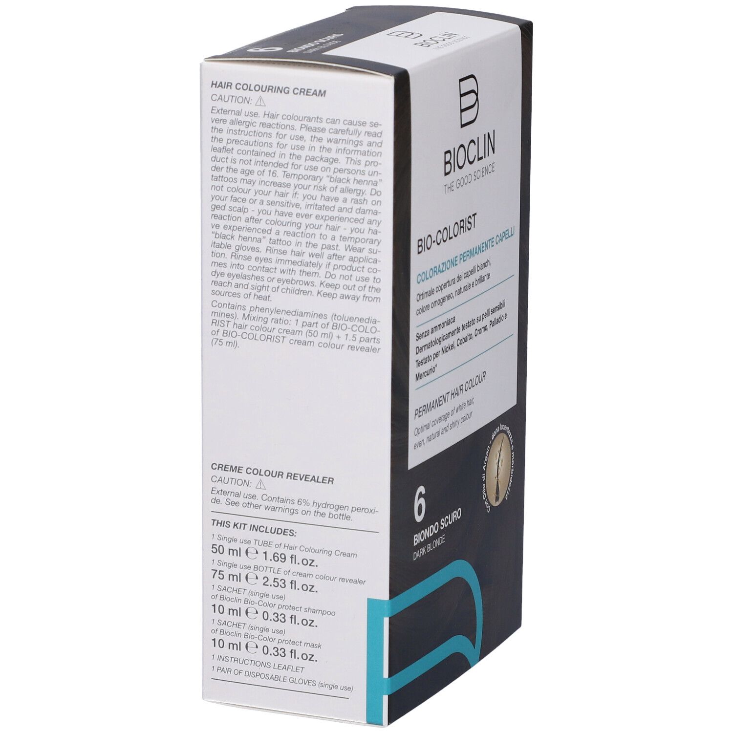 BIOCLIN Bio-Colorist 6 Biondo Scuro. Confezione in cartone. Informazioni sul prodotto e marchio BIOCLIN. Vista laterale con testo.