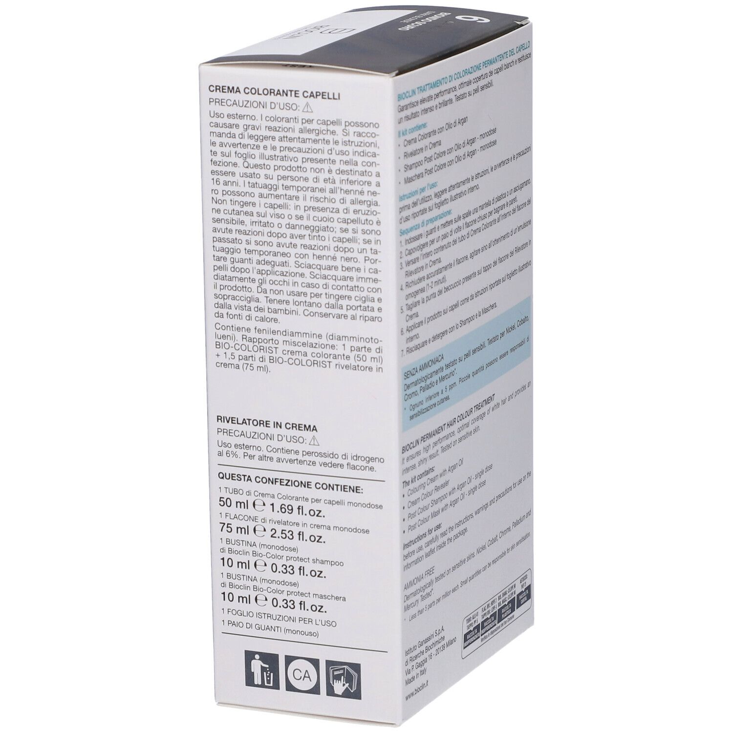 BIOCLIN Bio-Colorist 6 Biondo Scuro. Confezione in cartone. Informazioni sul prodotto e marchio BIOCLIN. Vista laterale con testo.