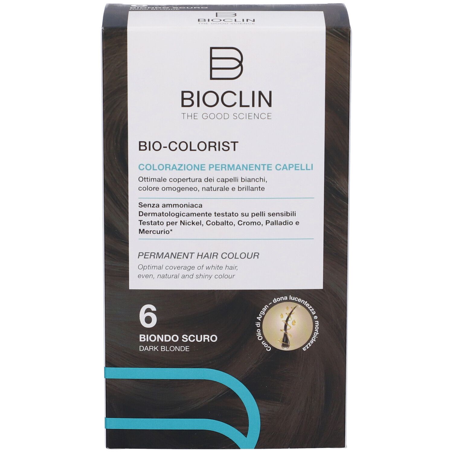 BIOCLIN Bio-Colorist 6 Biondo Scuro. Confezione in cartone. Informazioni sul prodotto e marchio BIOCLIN. Tonalità marroni e bianche.