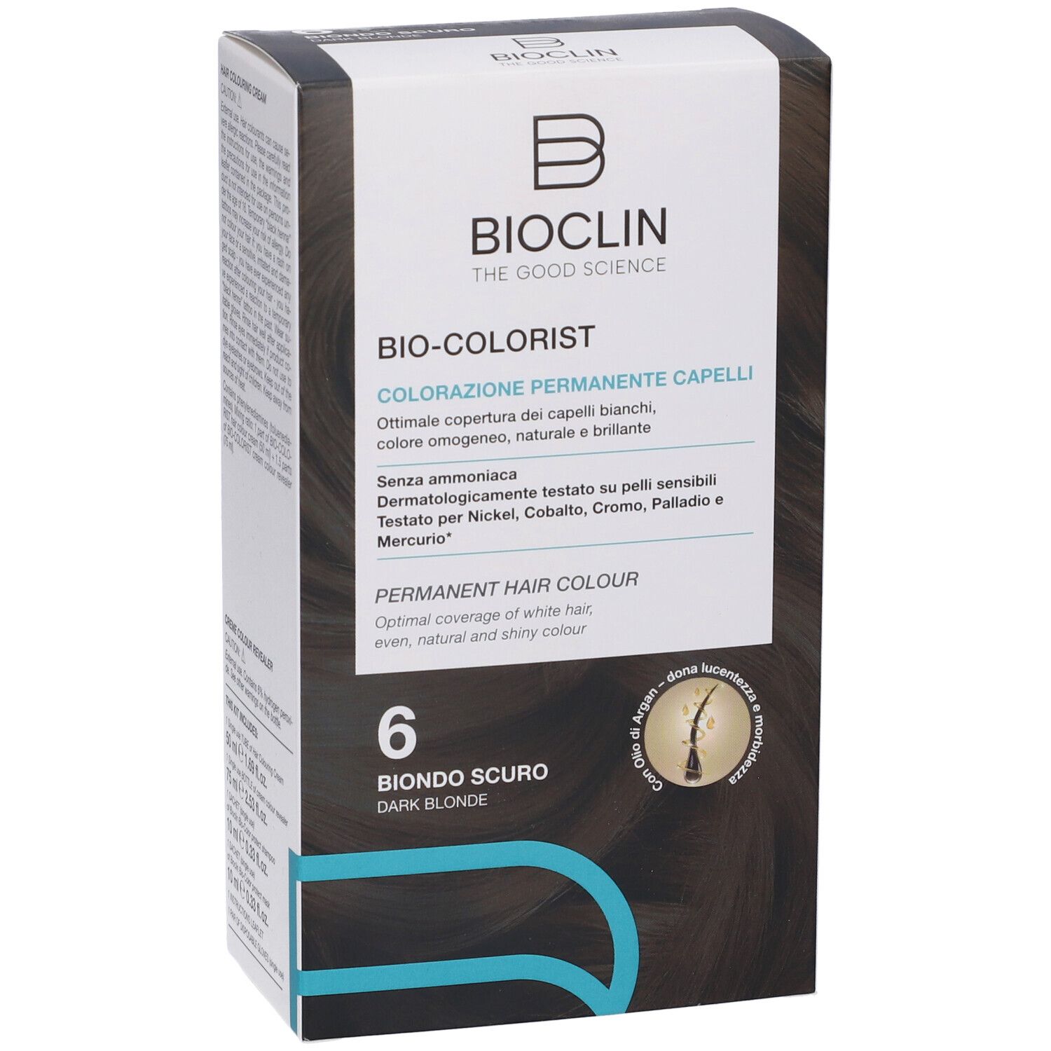 BIOCLIN Bio-Colorist 6 Biondo Scuro. Confezione in cartone. Informazioni sul prodotto e marchio BIOCLIN. Tonalità marroni e bianche.