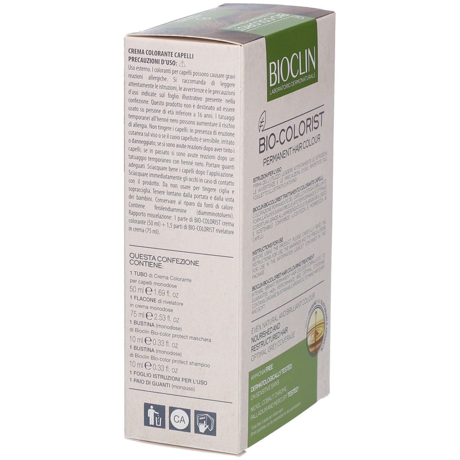 Bioclin Bio-Colorist permanente Haarfarbe Kartonverpackung mit Anweisungen und Inhaltsangaben.